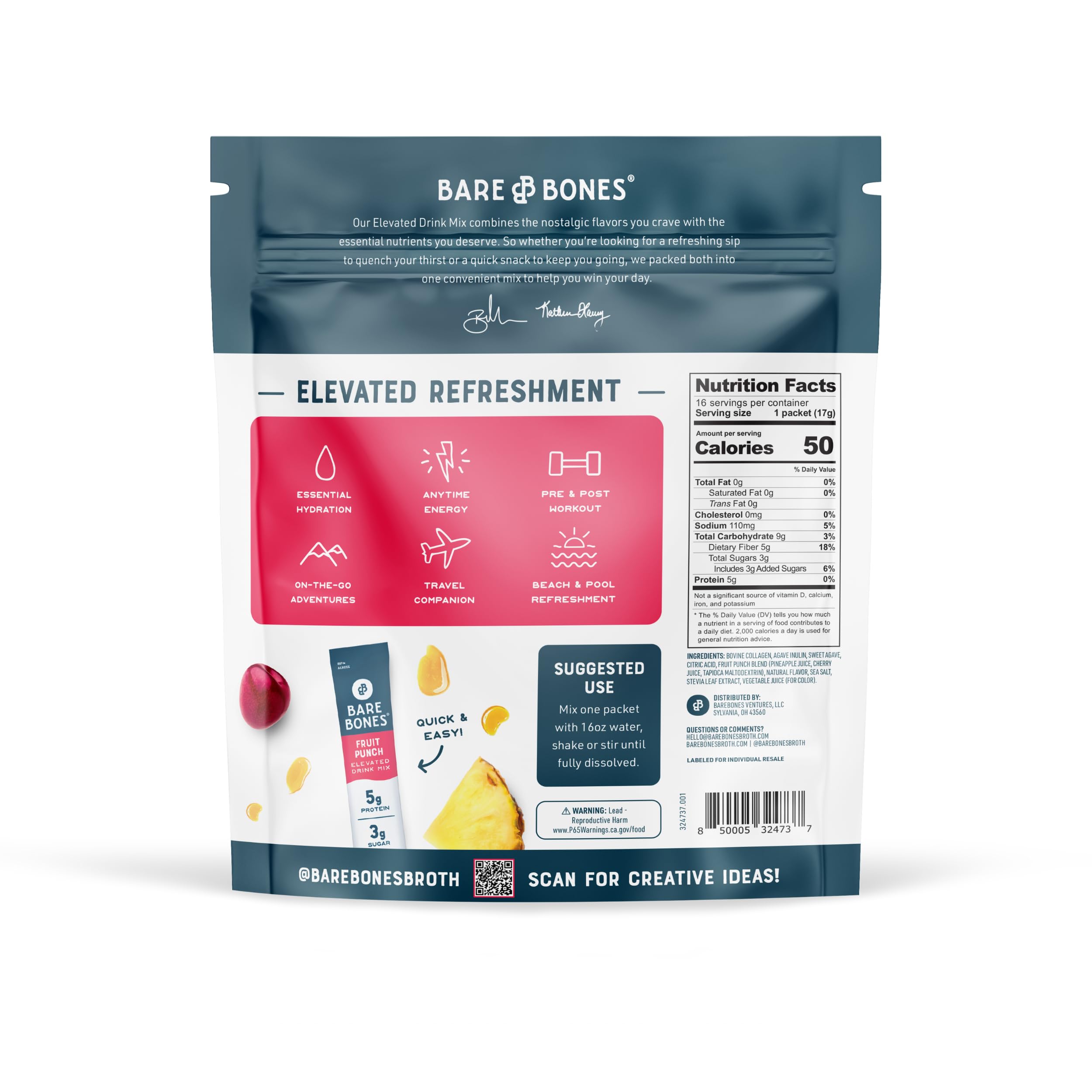 Bare Bones Fruit Punch stick pack close-up supporting hydration and wellness