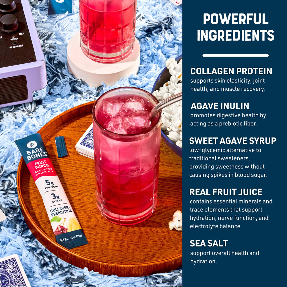 Bare Bones Fruit Punch stick pack displaying flavor options