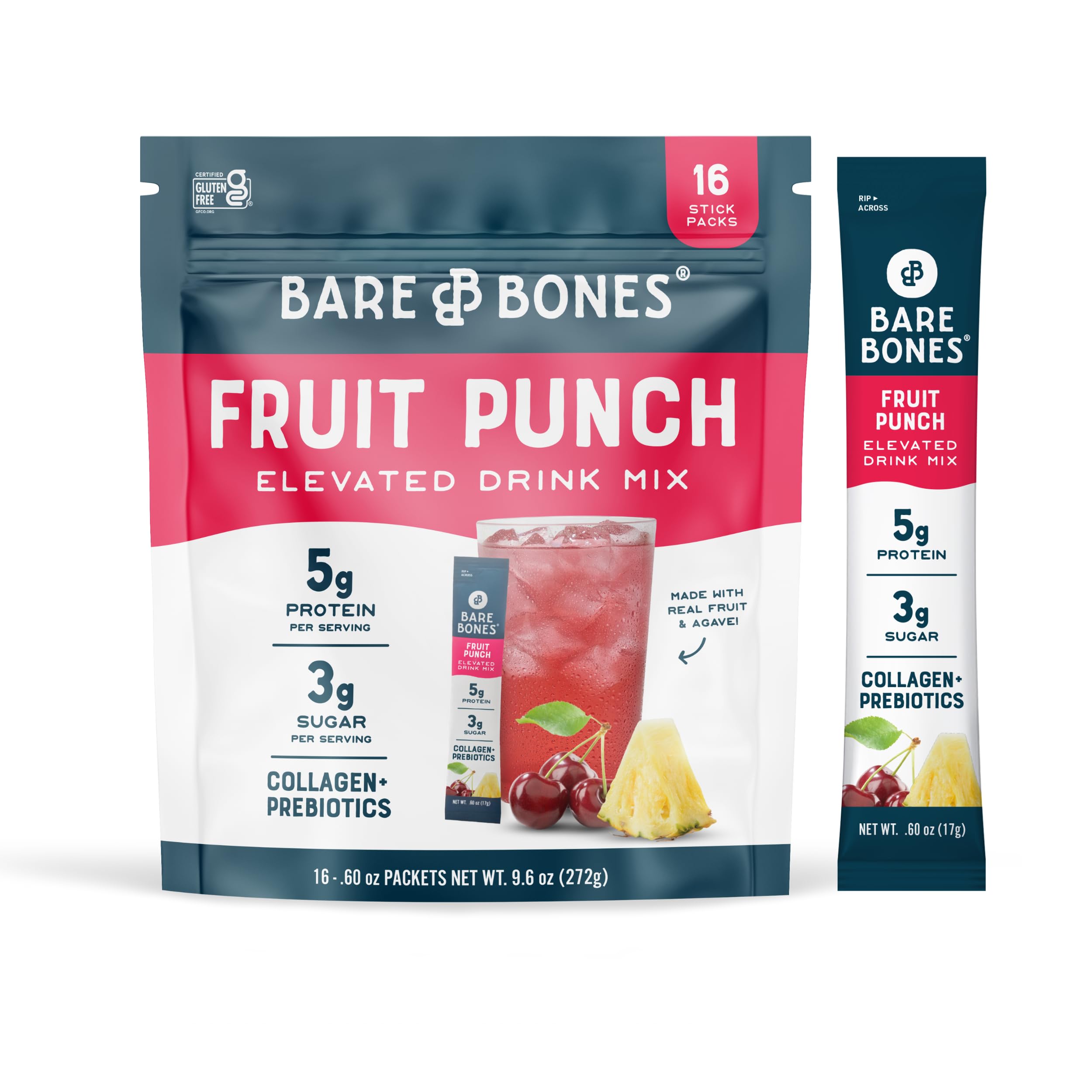 Bare Bones Fruit Punch stick pack front view for on-the-go hydration