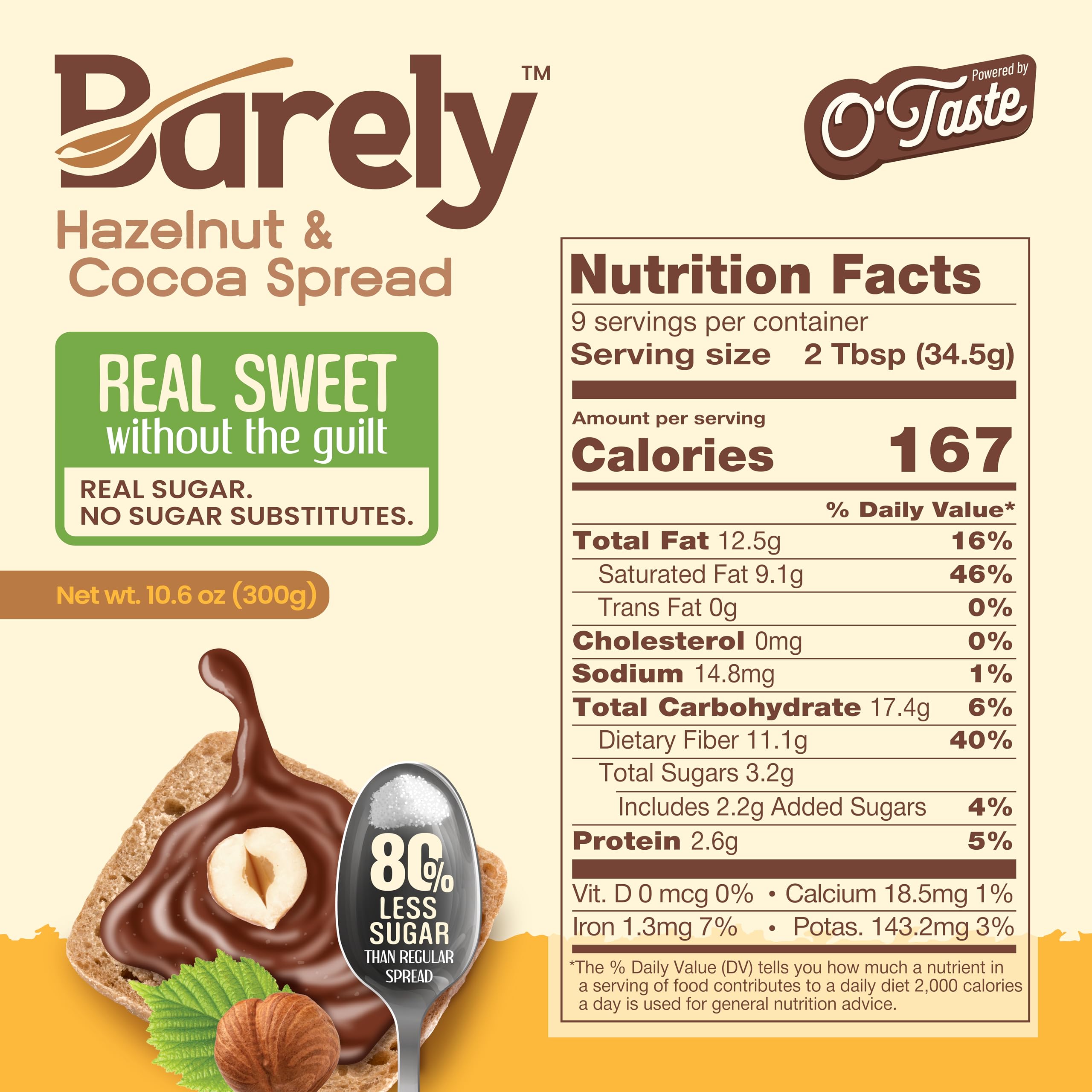 Barely Hazelnut & Cocoa Spread jar close-up, rich chocolate-hazelnut aroma for spreading.
