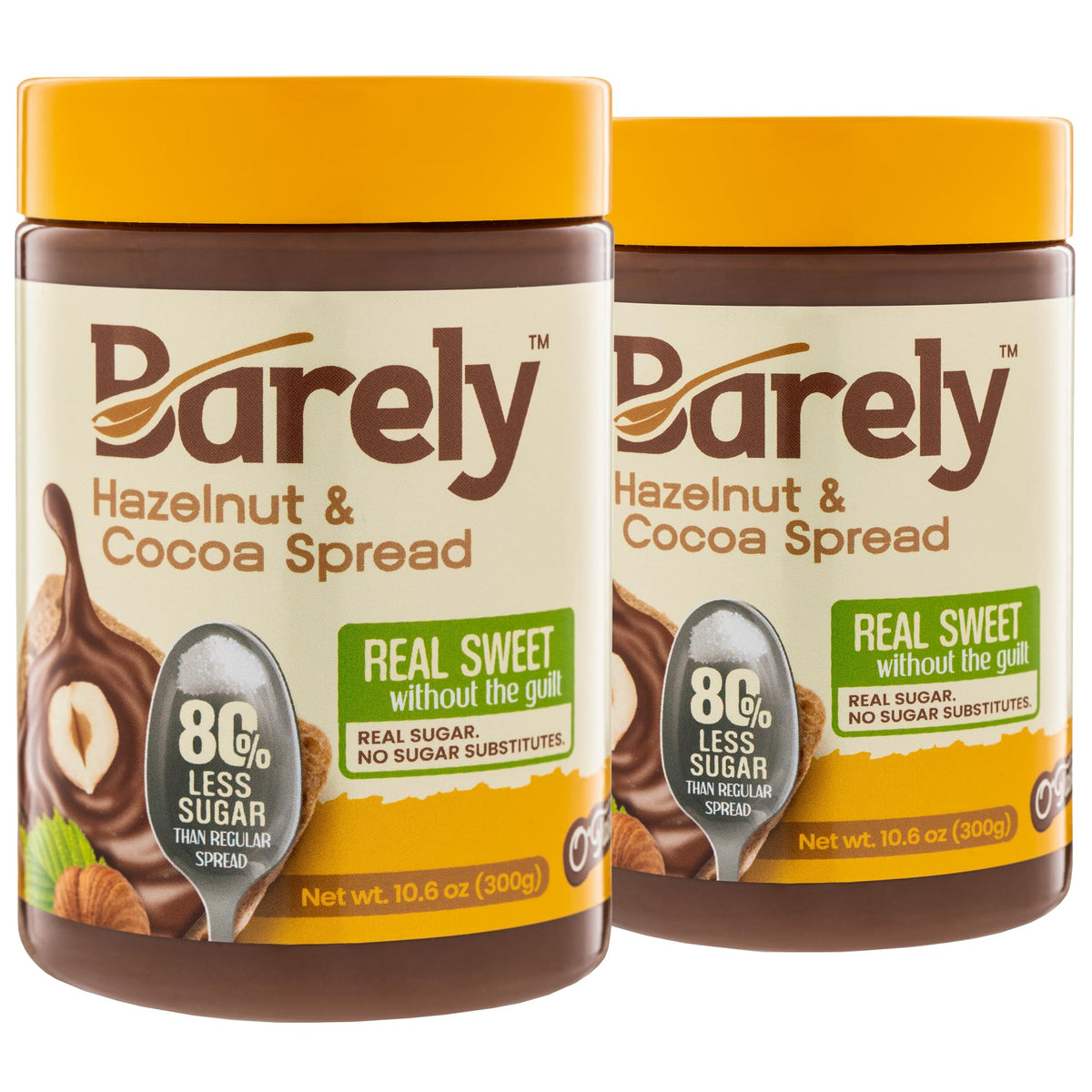 Barely Hazelnut & Cocoa Spread pack shot, two-pack, convenient pantry option.