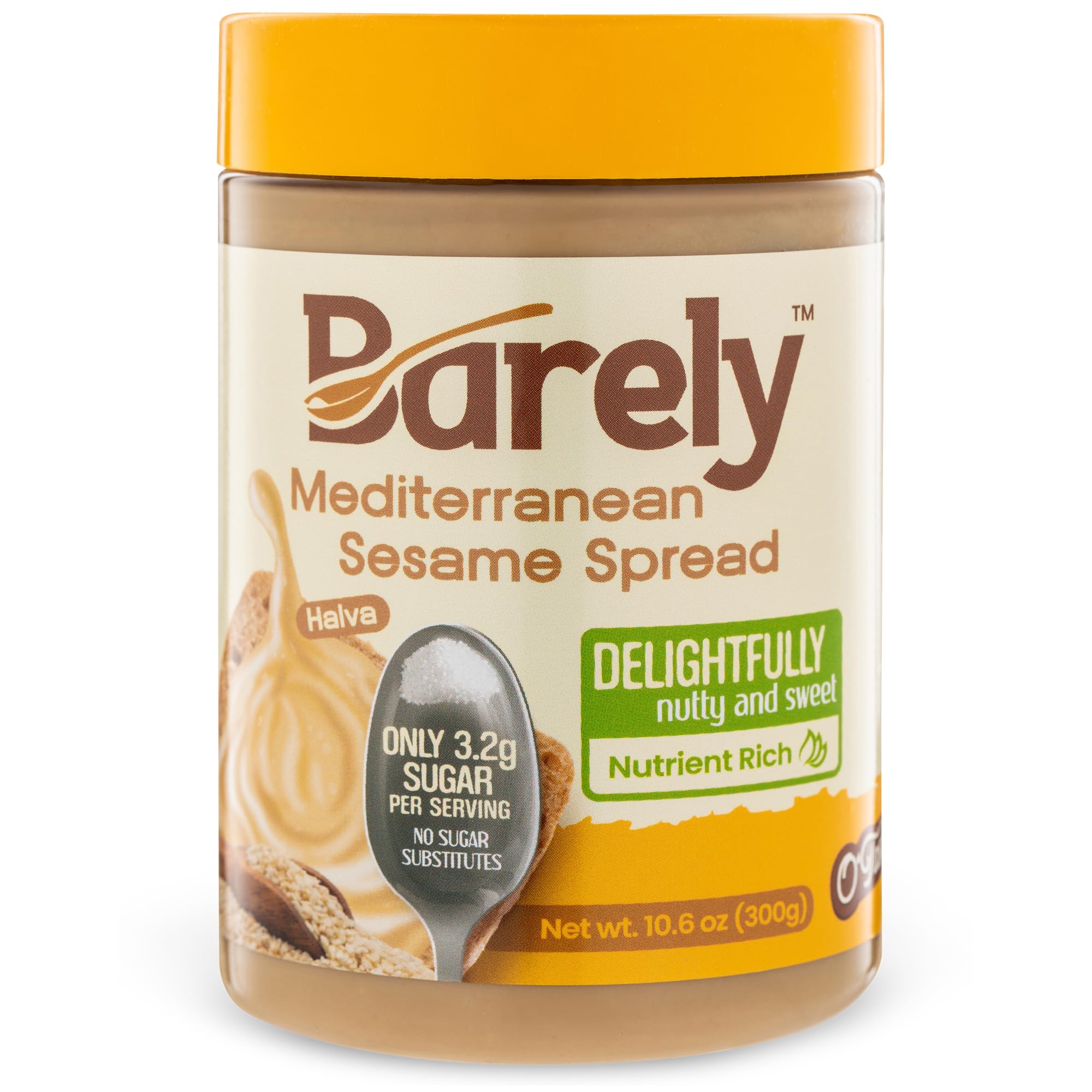 Barely Mediterranean Sesame Spread jar close-up showing creamy texture and low sugar formula.