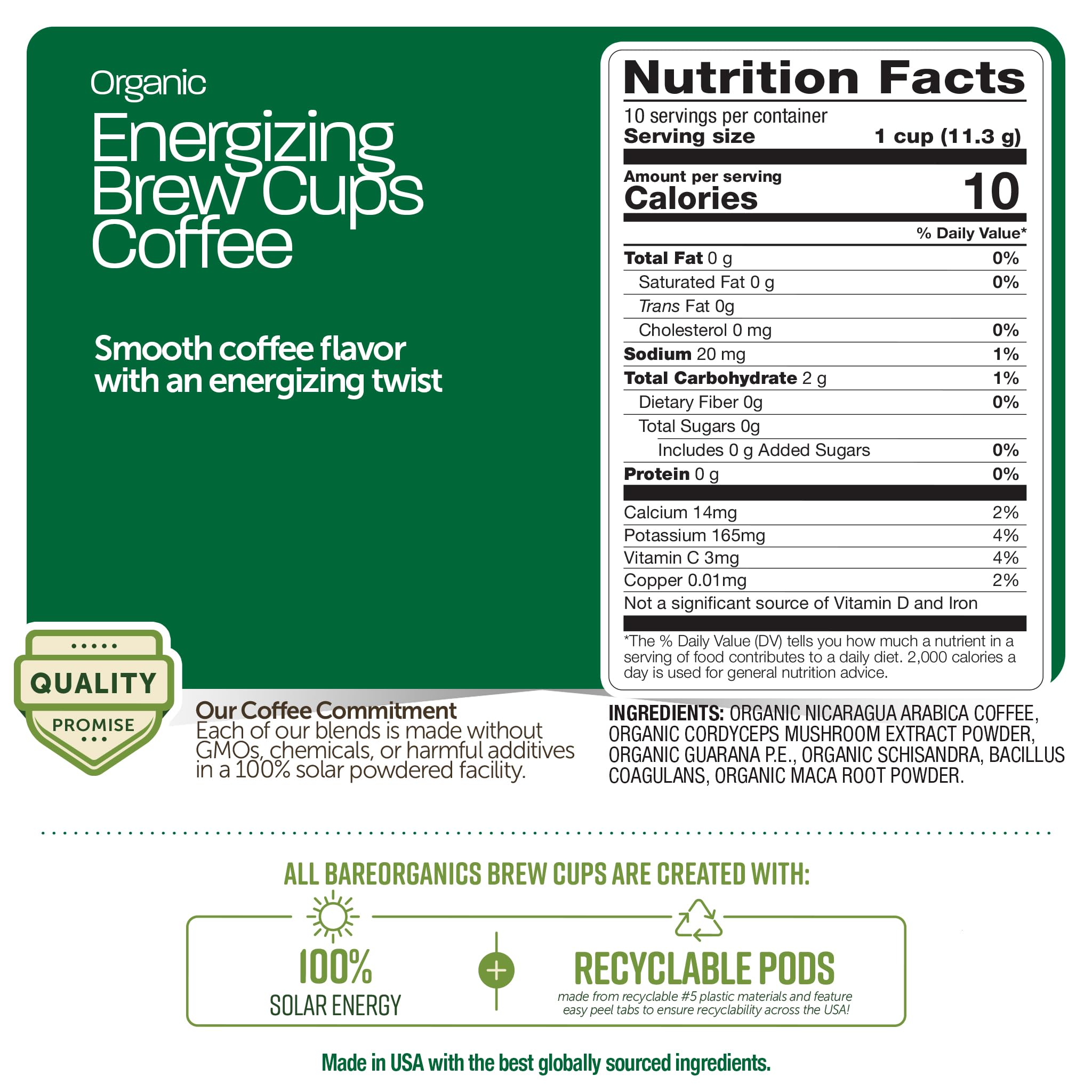 Pouring BareOrganics energy brew from a coffee pod into a mug.
