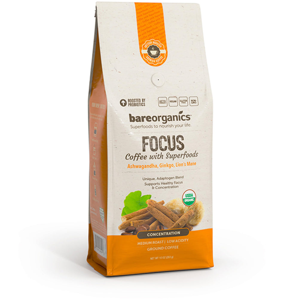 BareOrganics Focus Coffee cinnamon-nutmeg note highlighting rich, inviting flavor.