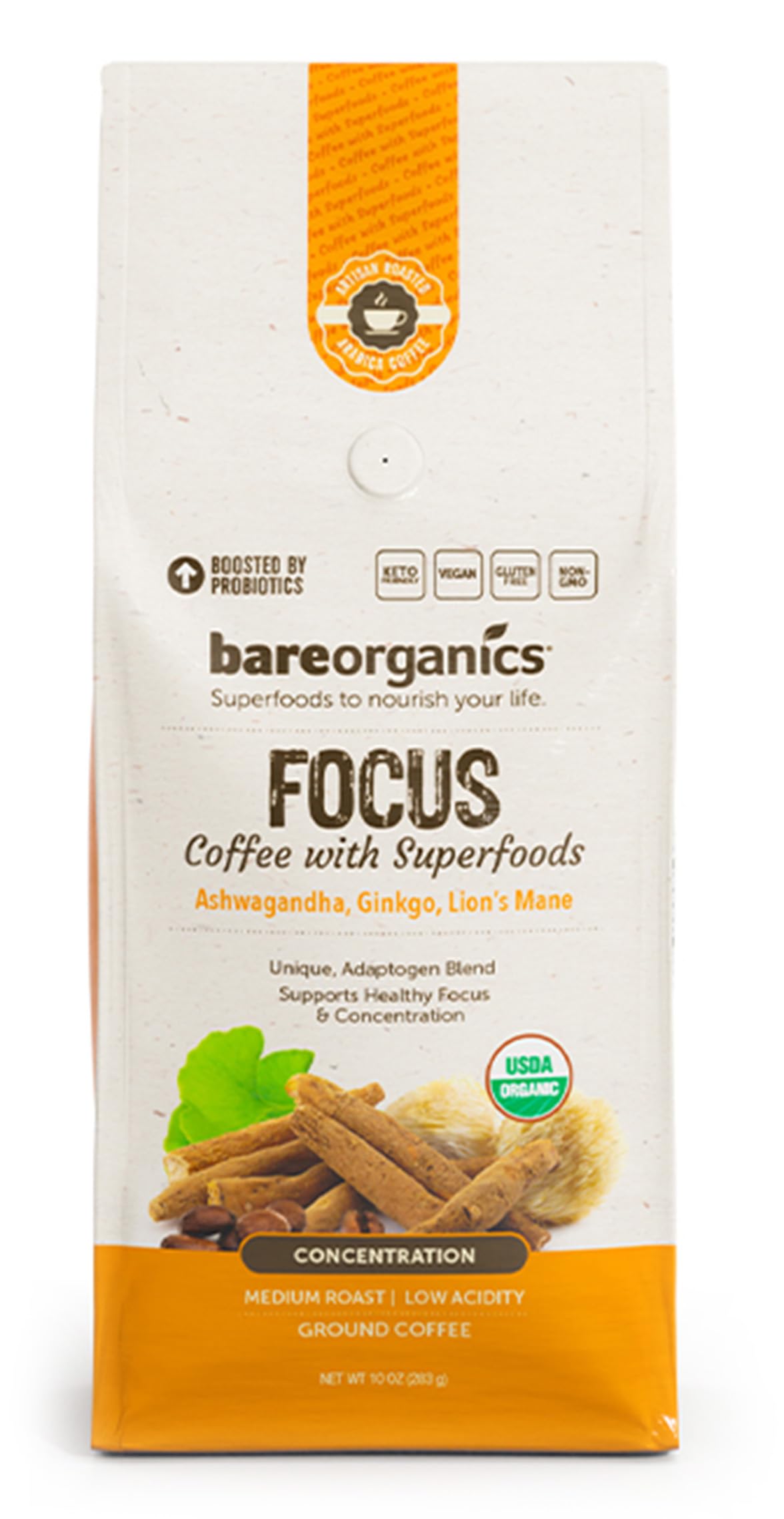 BareOrganics Focus Coffee ground bag for a probiotic mushroom blend enhancing morning focus.