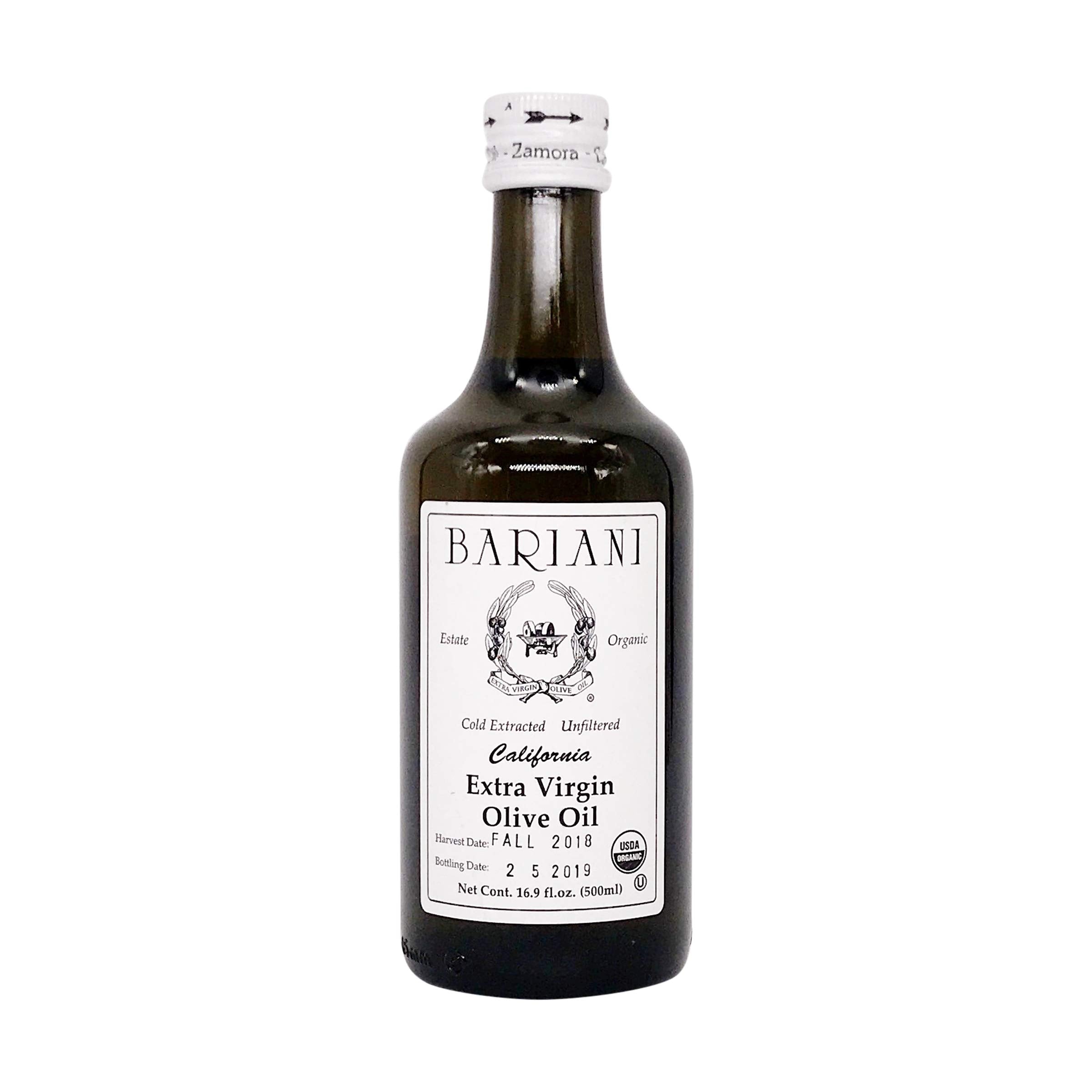 Bariani Extra Virgin Olive Oil bottle label close-up highlighting organic, estate-grown quality.