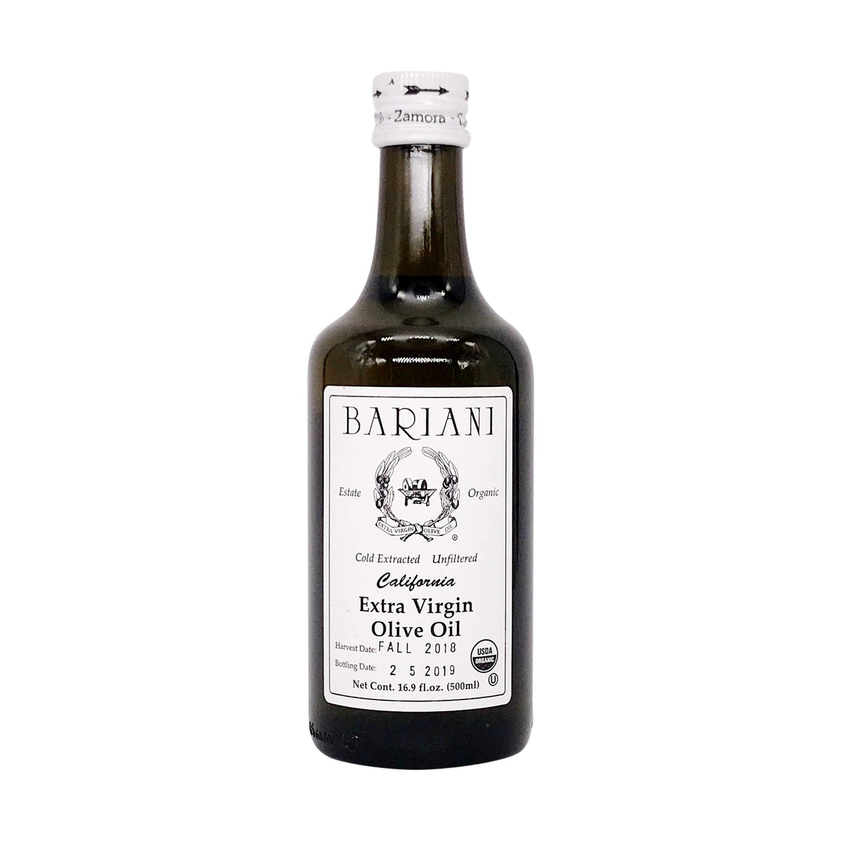 Bariani Extra Virgin Olive Oil bottle label close-up highlighting organic, estate-grown quality.