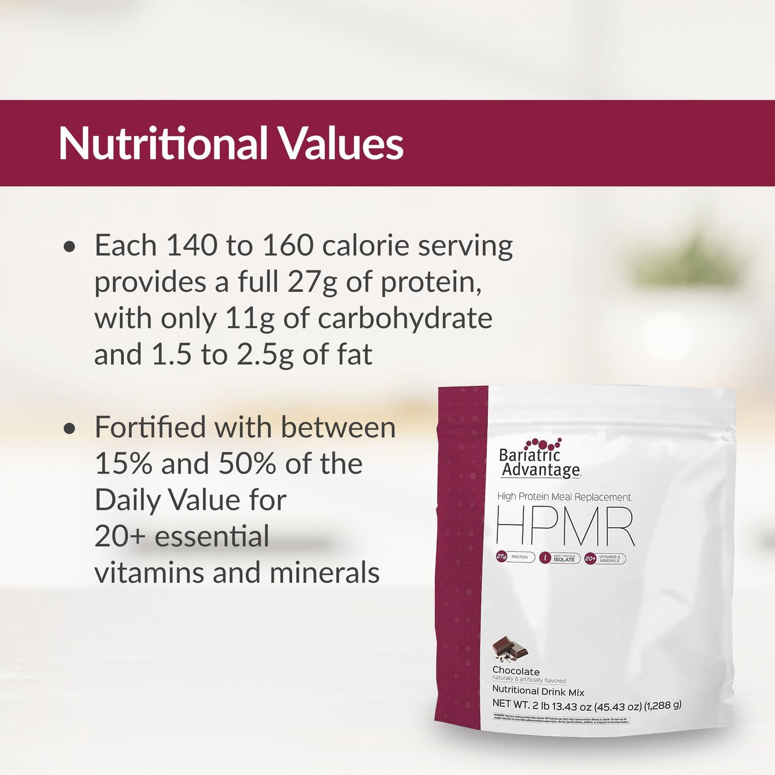 Bariatric Advantage shake in glass with servings highlights convenient daily nutrition