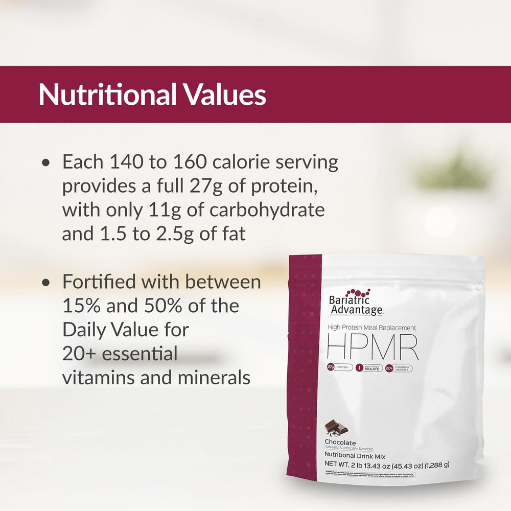 Bariatric Advantage shake in glass with servings highlights convenient daily nutrition
