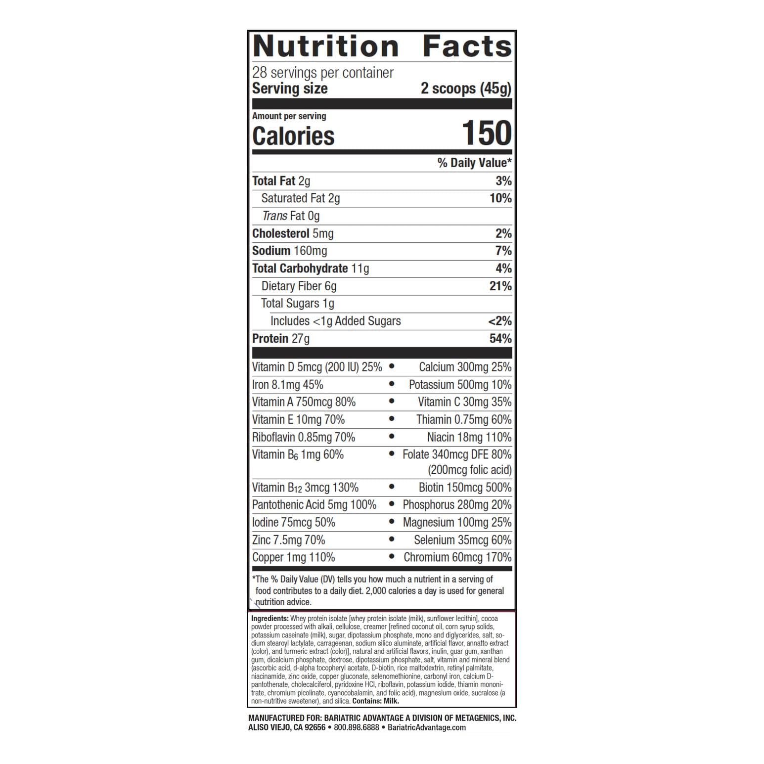 Bariatric Advantage whey isolate protein powder with label highlights 27 g per serving