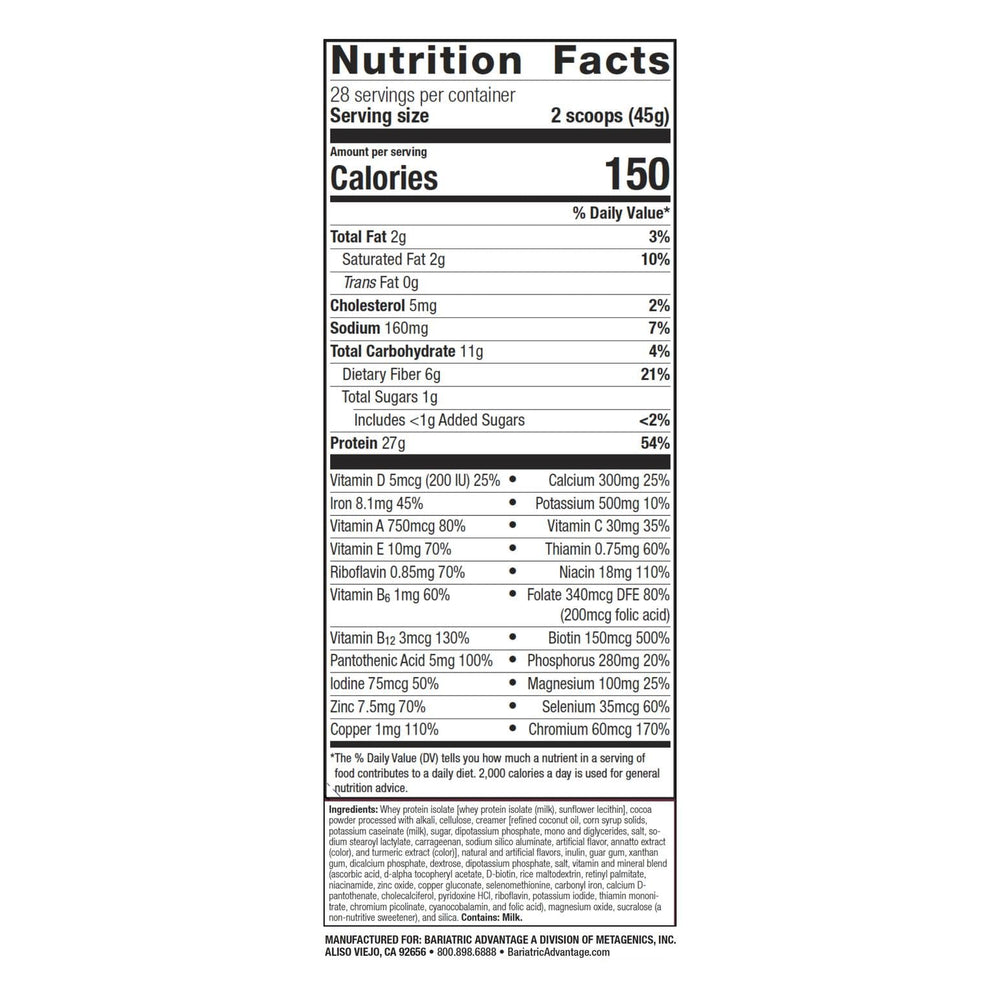 Bariatric Advantage whey isolate protein powder with label highlights 27 g per serving