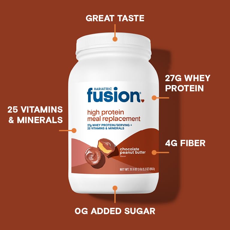 Bariatric Fusion shake in glass with ice; smooth chocolate peanut butter flavor.