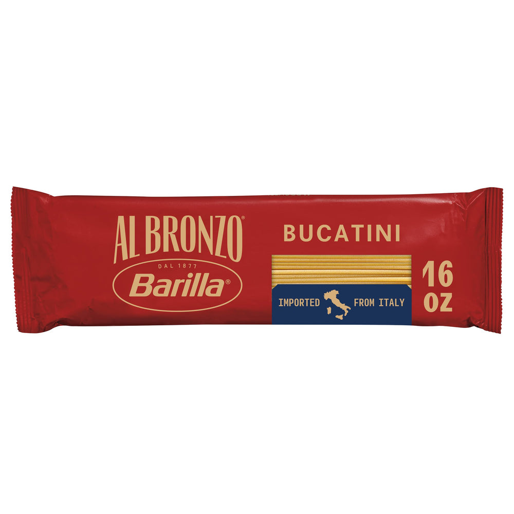 Barilla Al Bronzo Bucatini packshot highlights bronze-cut texture for better sauce cling