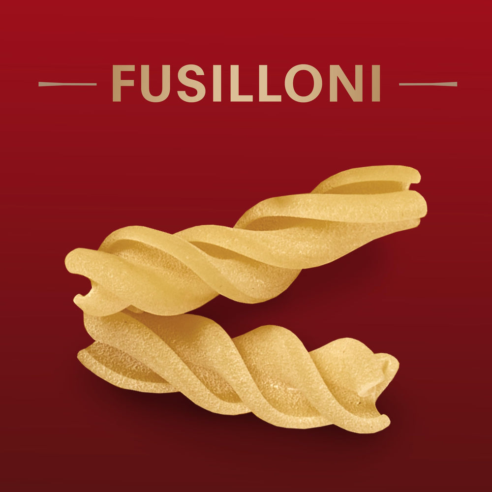 Durum wheat origin of Barilla Al Bronzo Fusilloni featured on packaging close-up.