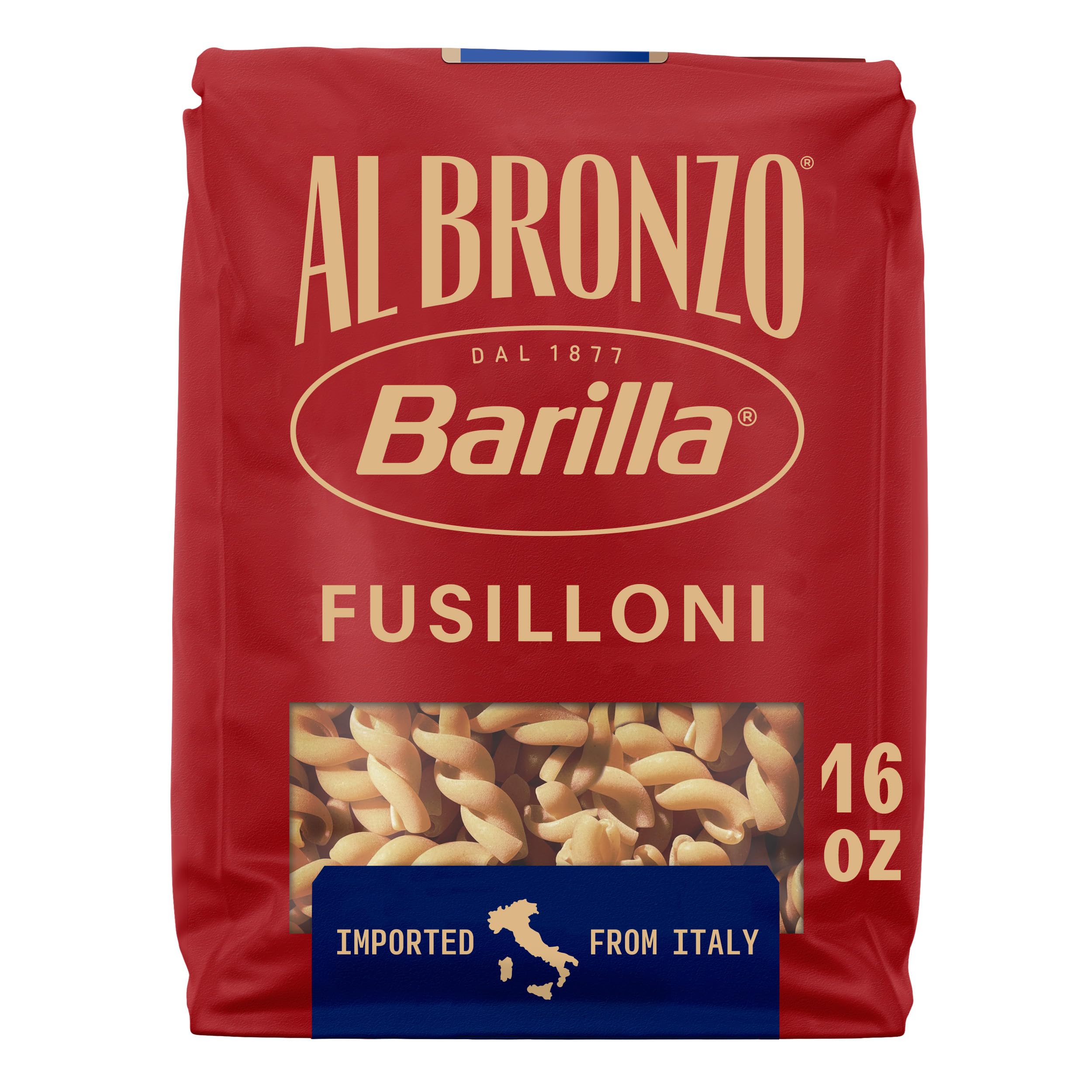 Barilla Al Bronzo Fusilloni pasta bag emphasizes bronze-cut texture for superior sauce cling.
