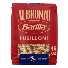 Barilla Al Bronzo Fusilloni pasta bag emphasizes bronze-cut texture for superior sauce cling.
