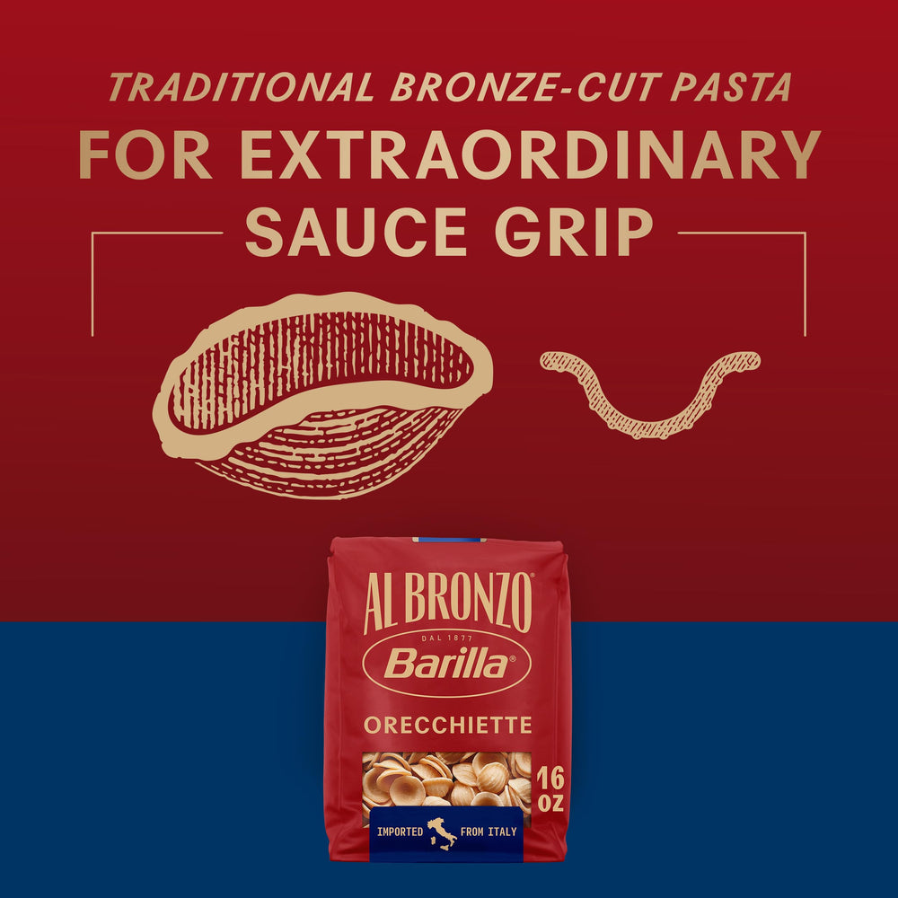 Imported Barilla Al Bronzo pasta from Italy highlights durum wheat character.