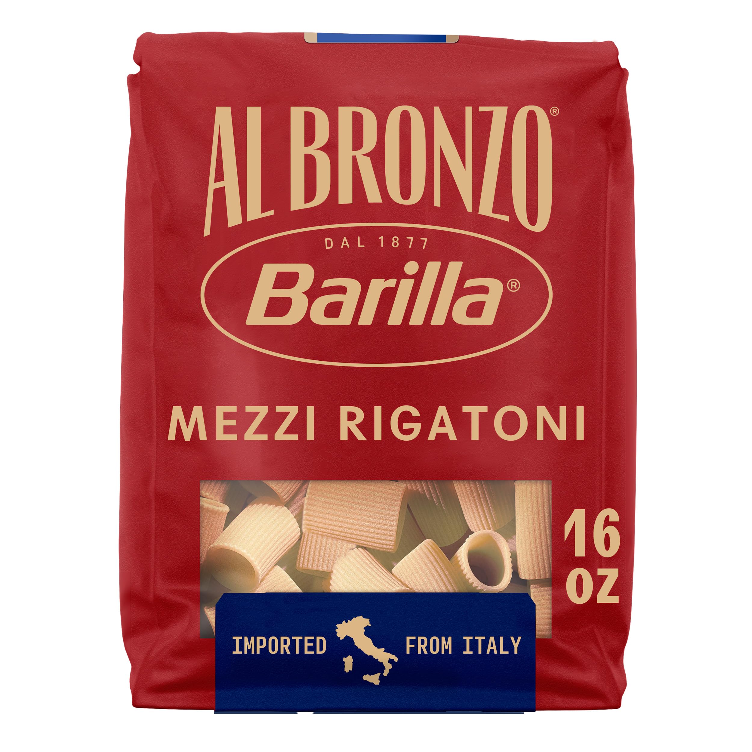 Barilla Al Bronzo Mezzi Rigatoni shows a porous surface that captures sauce beautifully