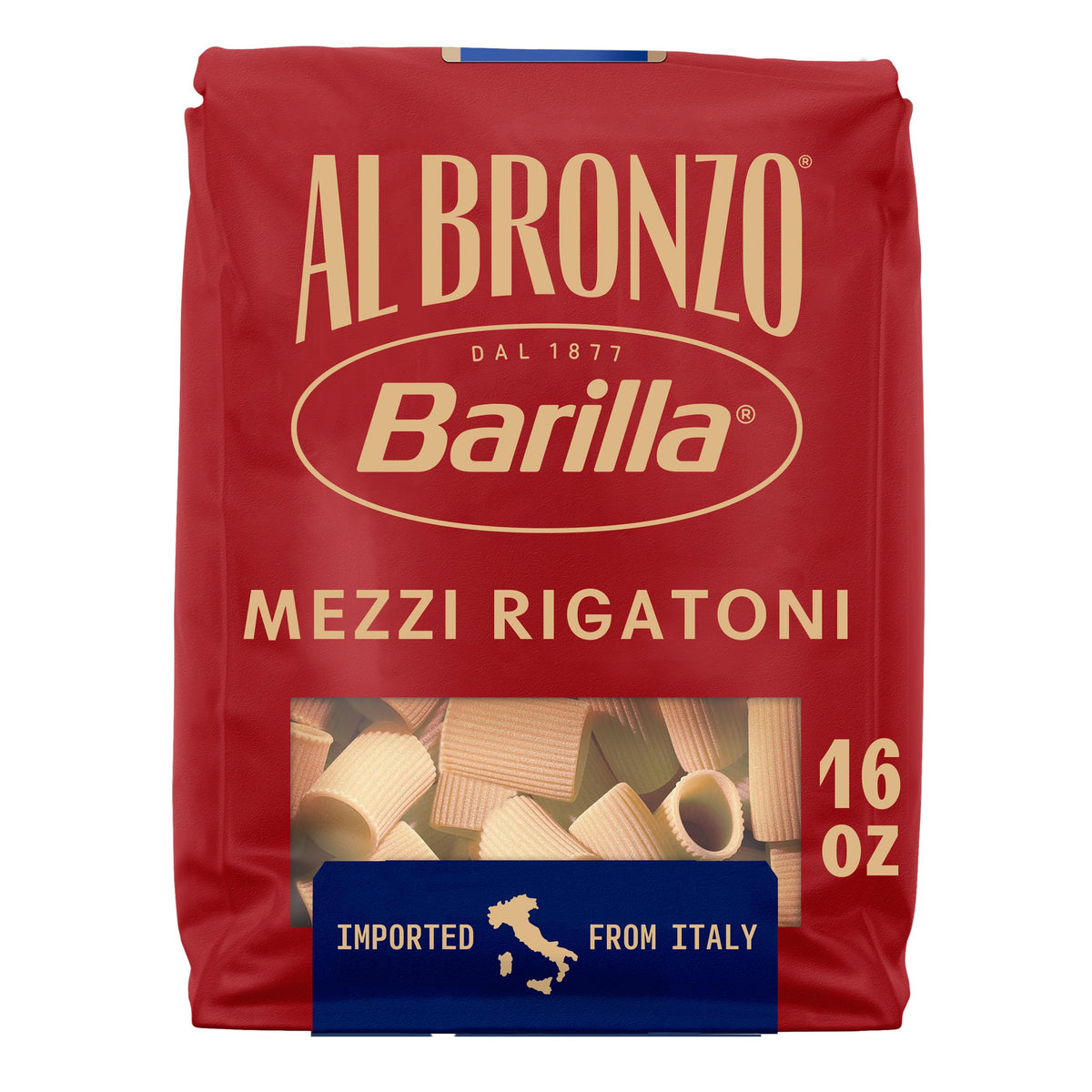 Barilla Al Bronzo Mezzi Rigatoni shows a porous surface that captures sauce beautifully