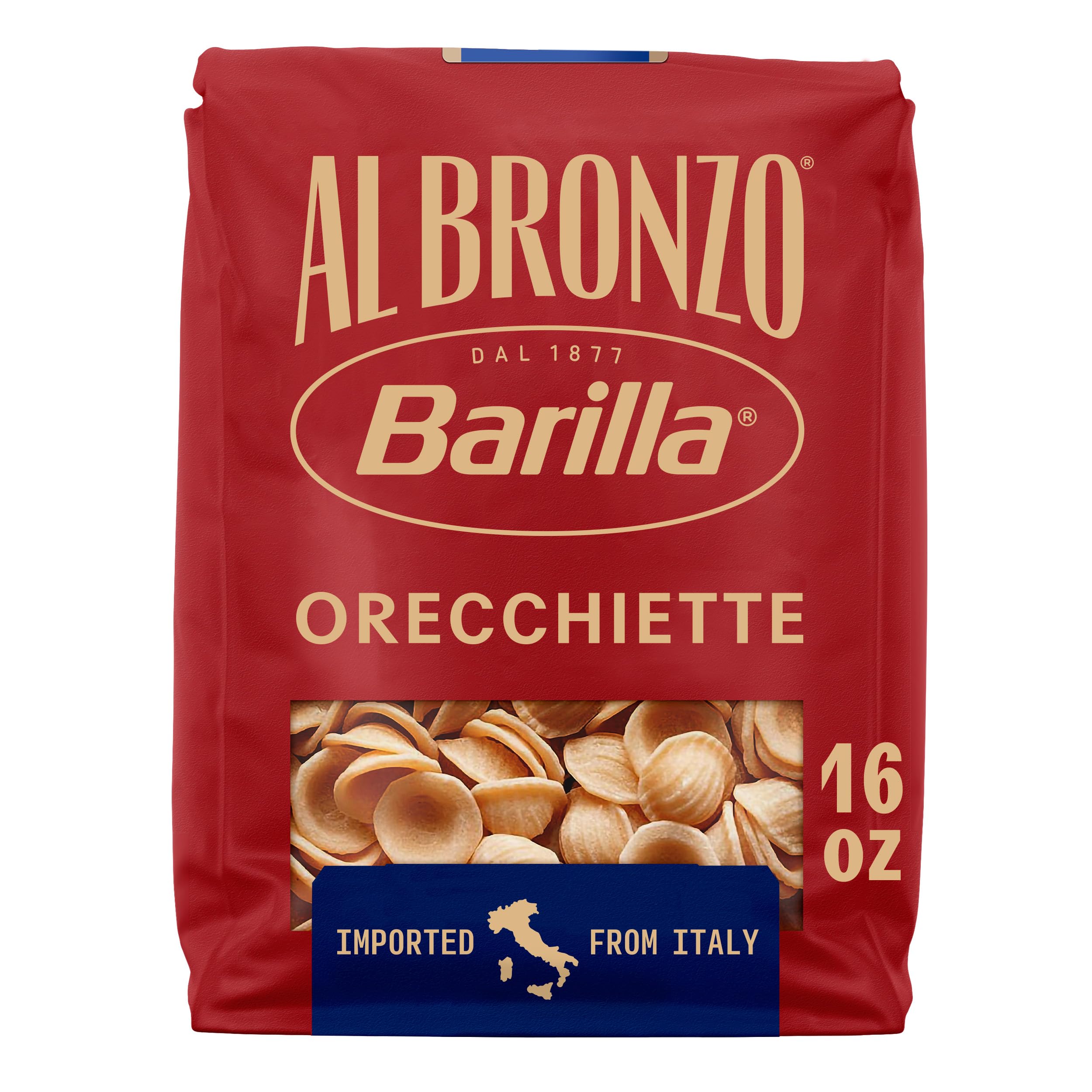 Barilla Al Bronzo Orecchiette pasta bag shows bronze-cut texture ideal for sauce grip.