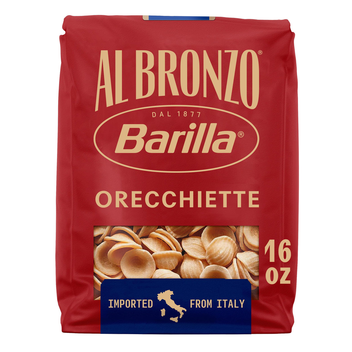 Barilla Al Bronzo Orecchiette pasta bag shows bronze-cut texture ideal for sauce grip.