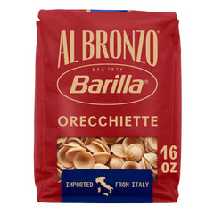Barilla Al Bronzo Orecchiette pasta bag shows bronze-cut texture ideal for sauce grip.