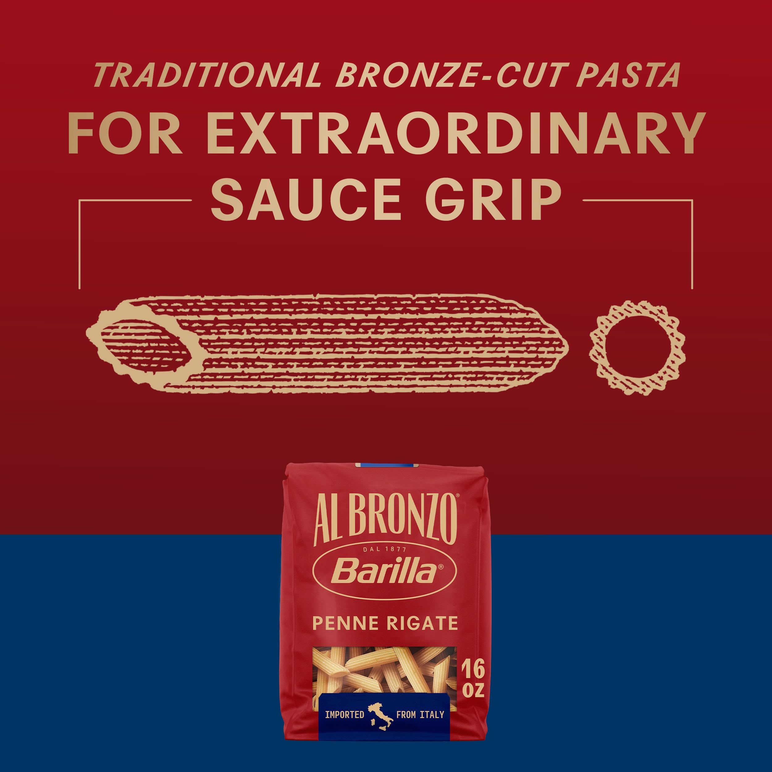 Barilla Al Bronzo Penne Rigate shown with rich Bolognese and creamy sauces.