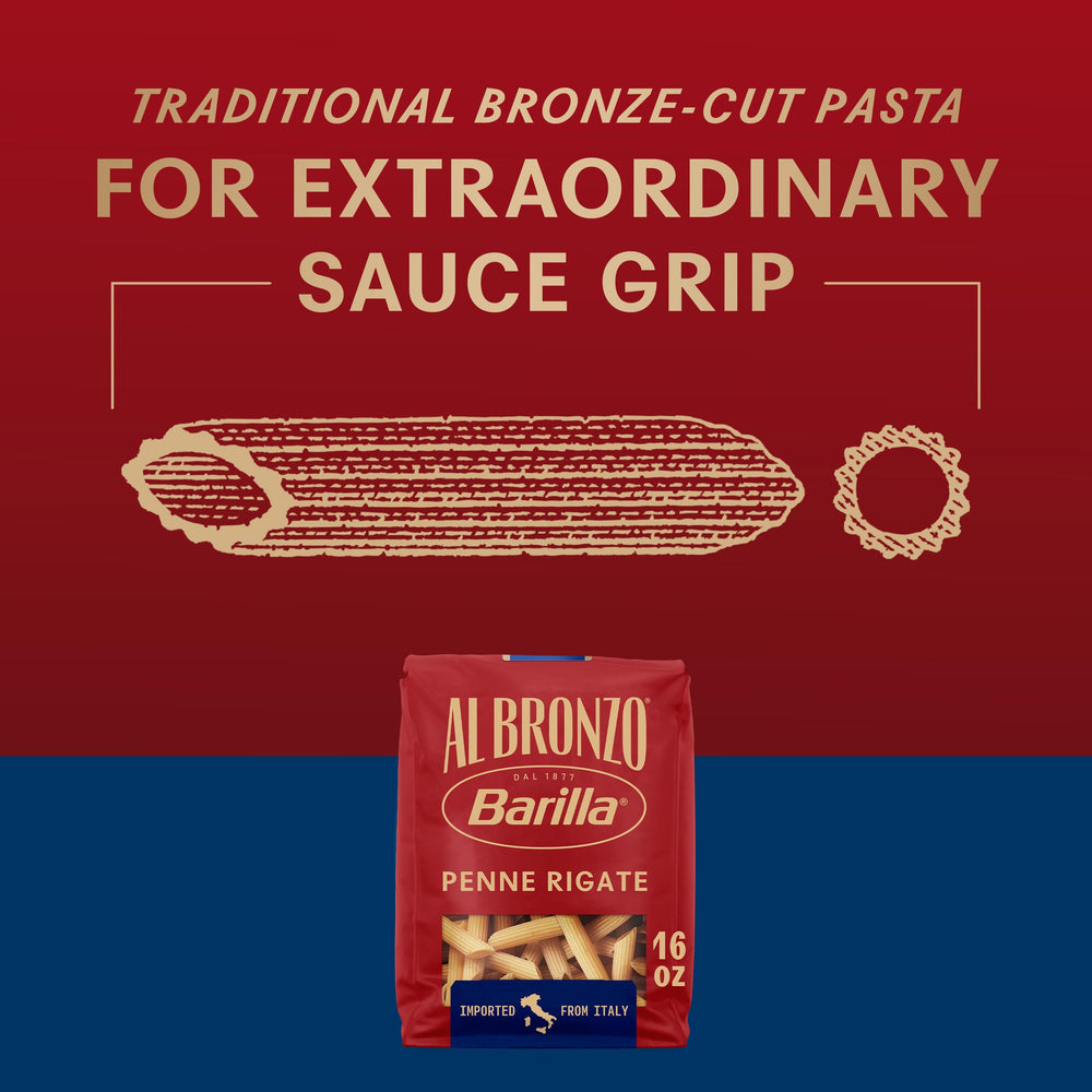 Barilla Al Bronzo Penne Rigate shown with rich Bolognese and creamy sauces.