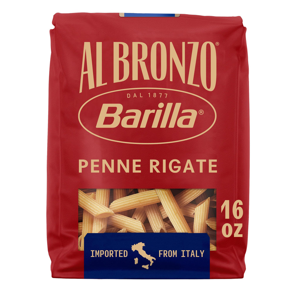 Barilla Al Bronzo Penne Rigate pack shot highlighting bronze-cut texture that holds sauces.
