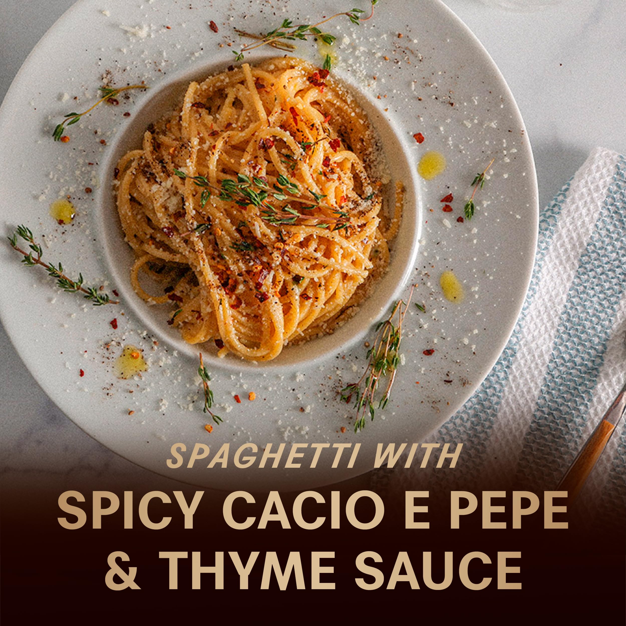 Barilla Al Bronzo plated spaghetti serves ready-to-plate presentation.