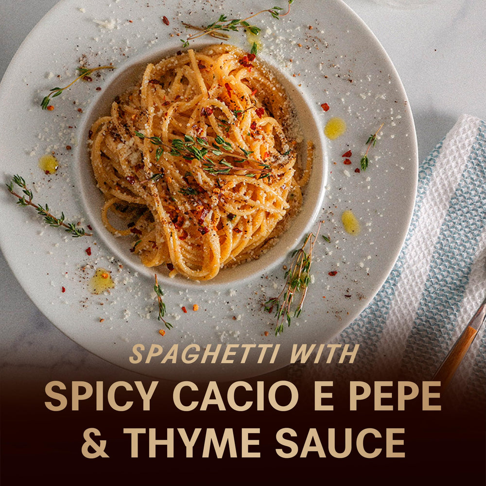 Barilla Al Bronzo plated spaghetti serves ready-to-plate presentation.