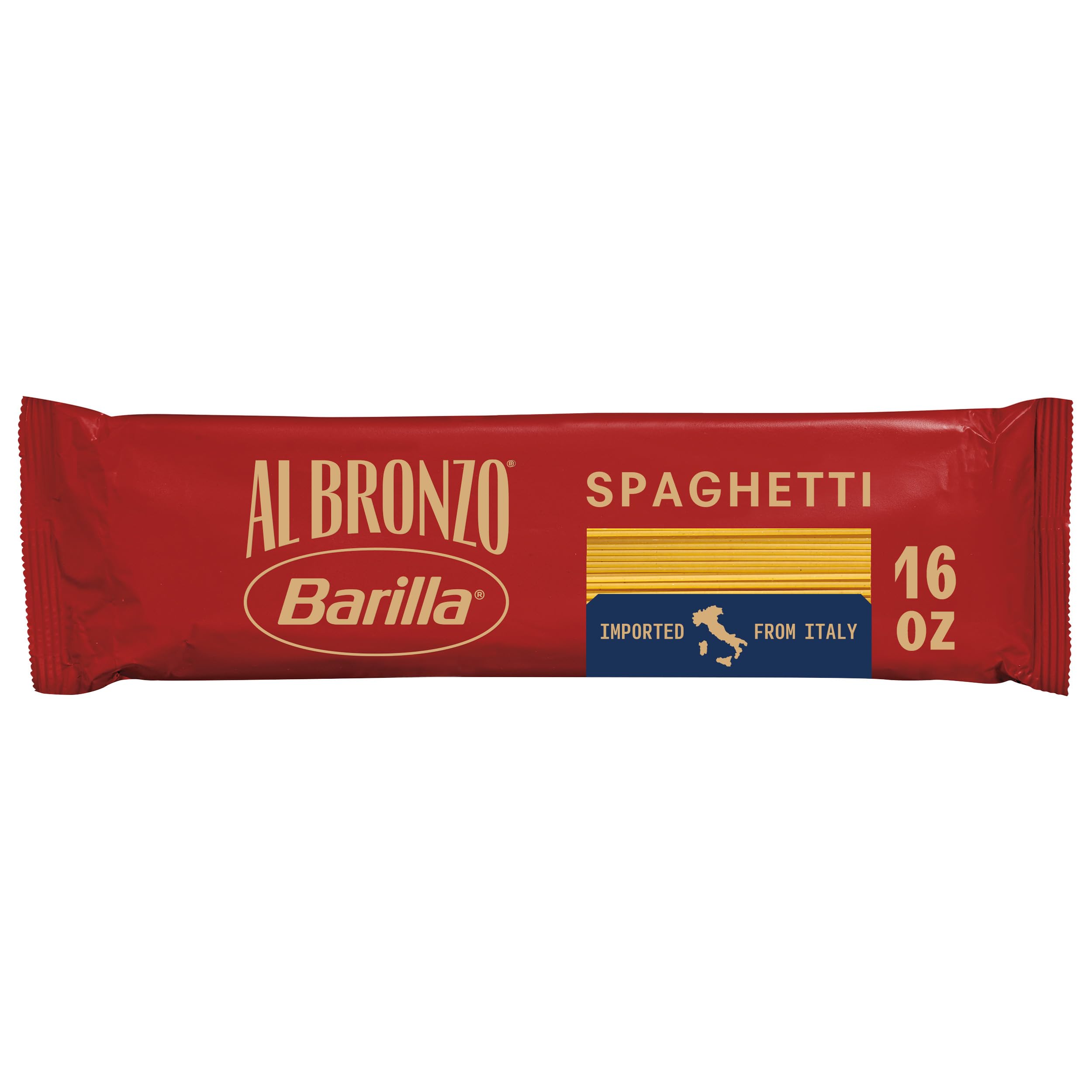 Barilla Al Bronzo spaghetti bag shows bronze-cut texture for better sauce cling.