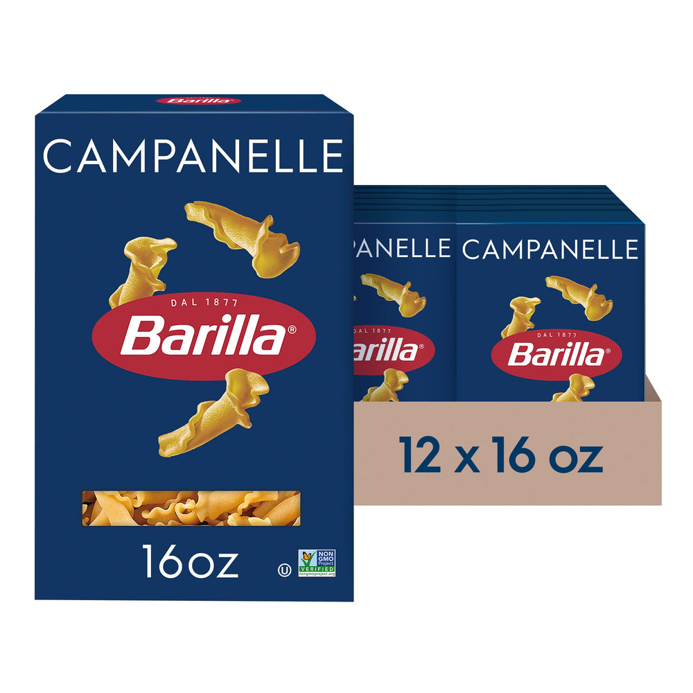 Barilla Campanelle pasta box 16 oz, pantry-ready 12-pack.