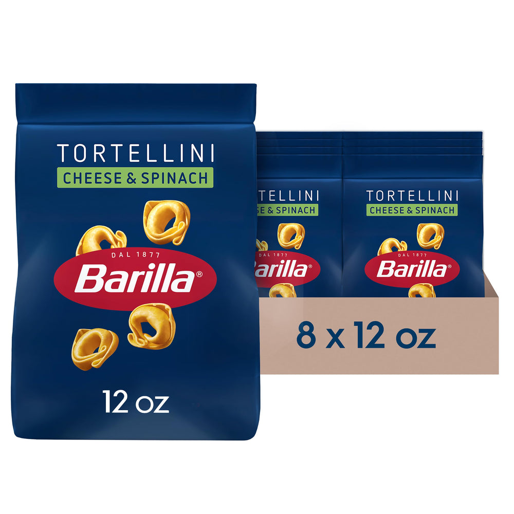 Barilla Cheese & Spinach Tortellini pack front highlights non-GMO ingredients for quick weeknight dinners.