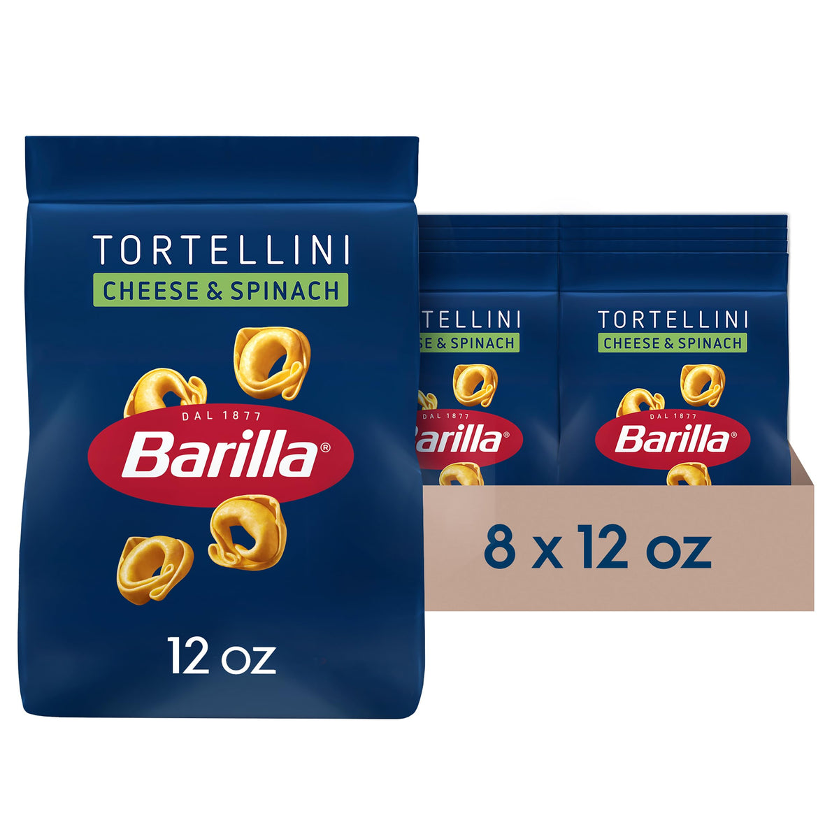 Barilla Cheese & Spinach Tortellini pack front highlights non-GMO ingredients for quick weeknight dinners.