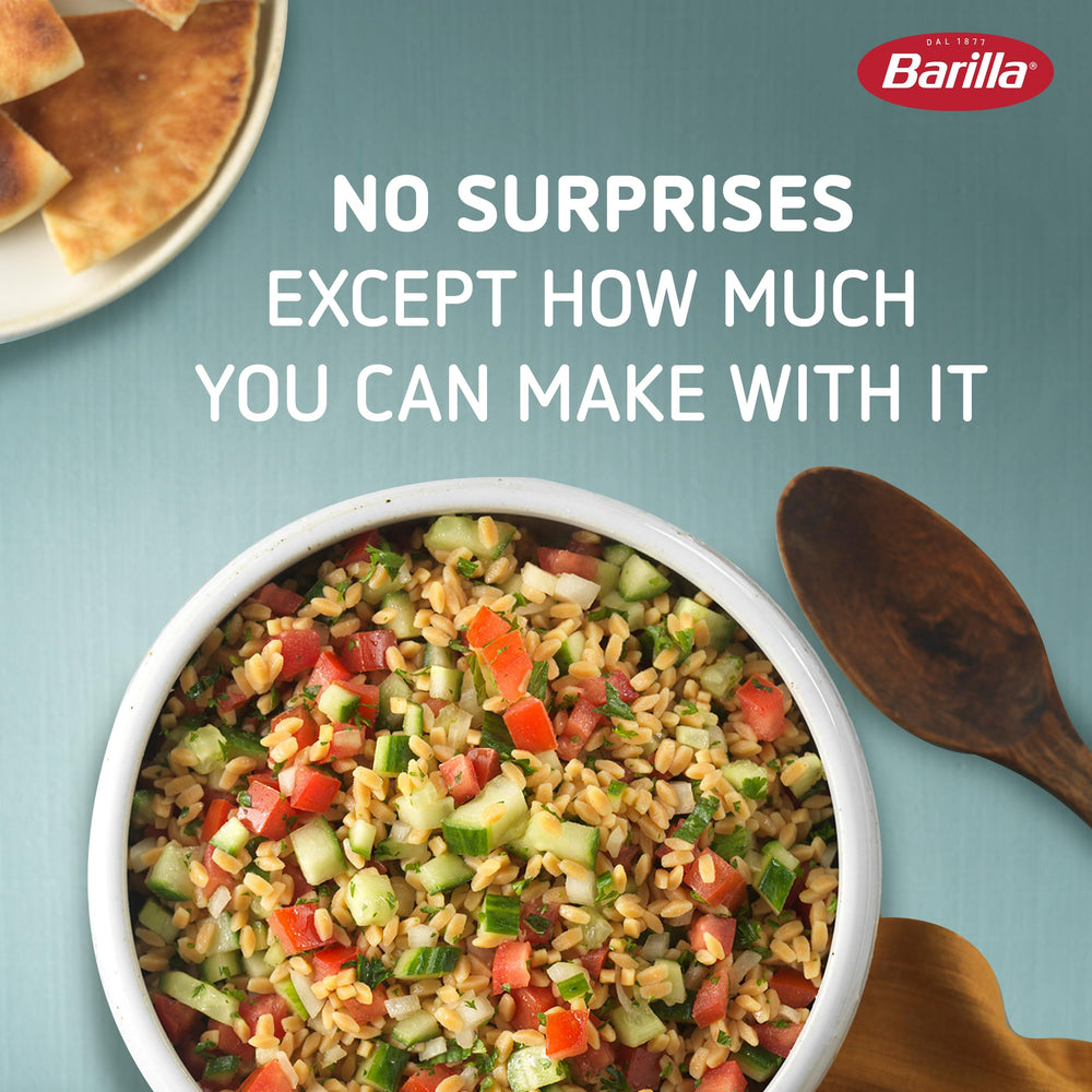 Barilla Chickpea Orzo served in a bowl, ideal for hot or cold dishes