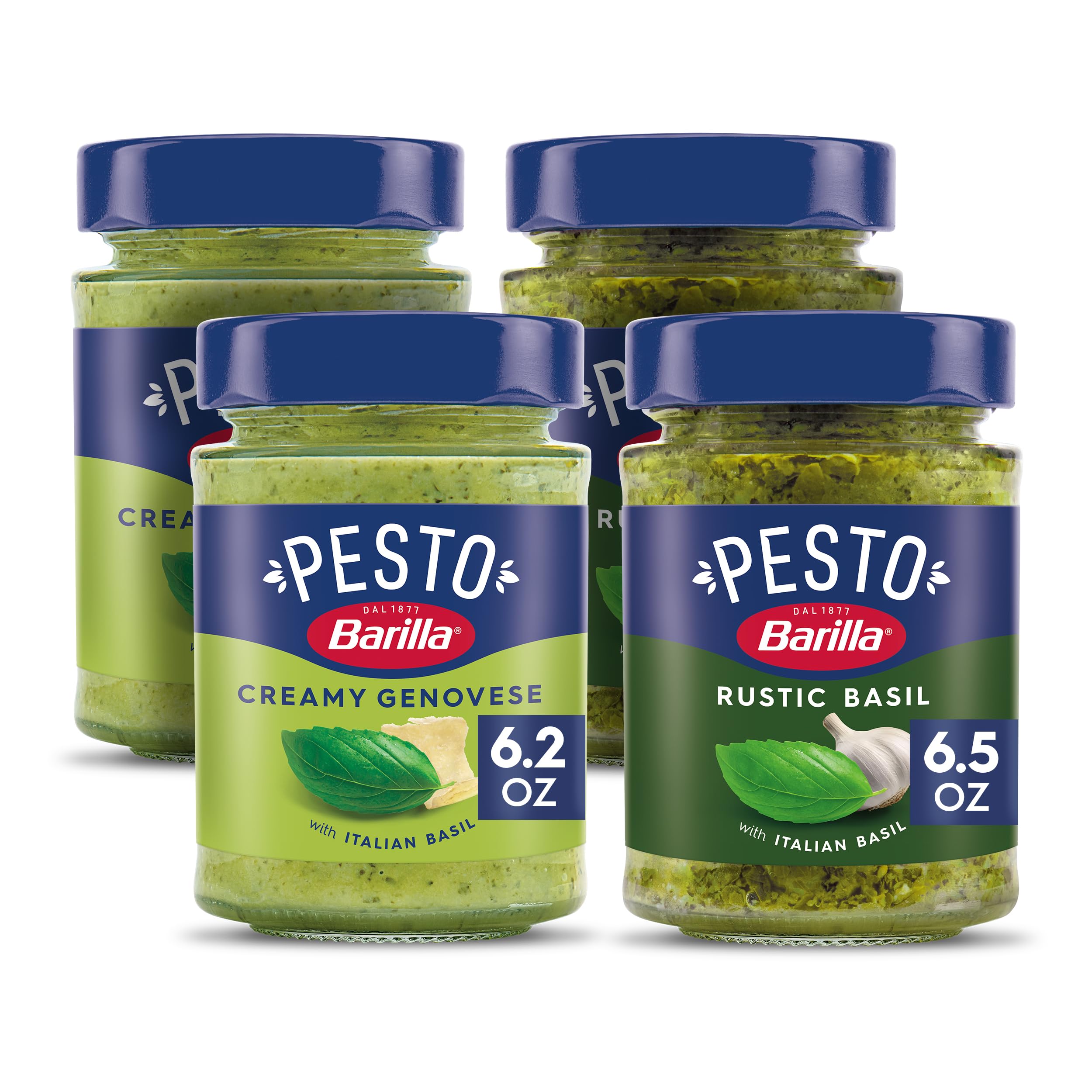 Barilla Creamy Genovese Pesto jar with rich texture, ideal for weeknight pasta sauces.