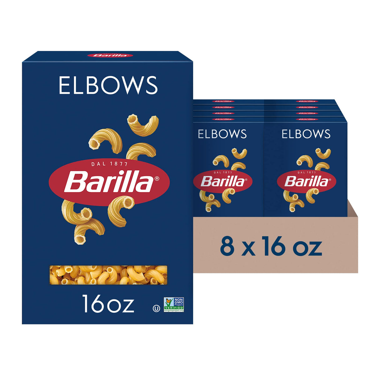 Barilla Elbows Pasta box 8-pack on kitchen counter for quick family meals