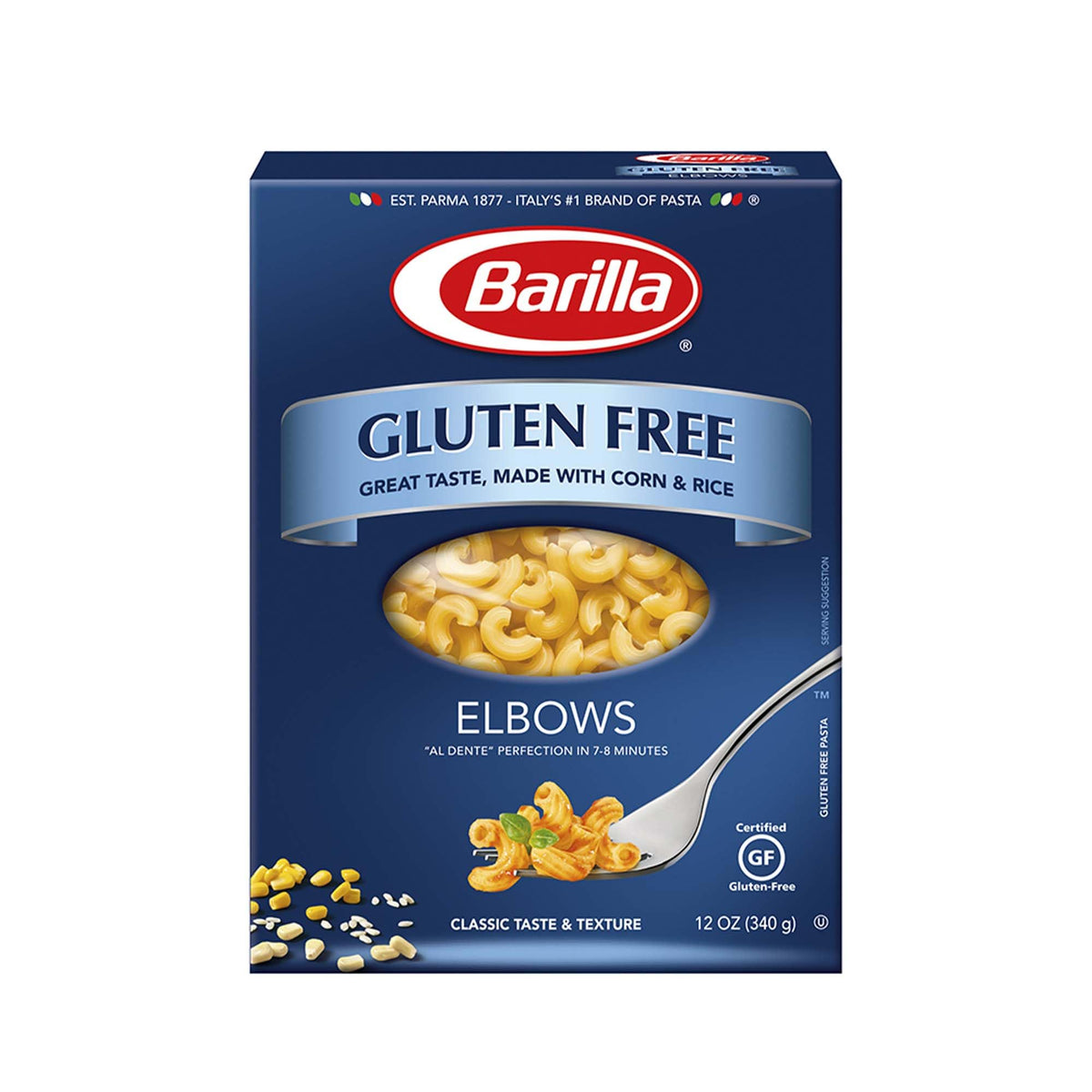Barilla gluten-free elbows pasta packaging highlighting gluten-free goodness for family meals.