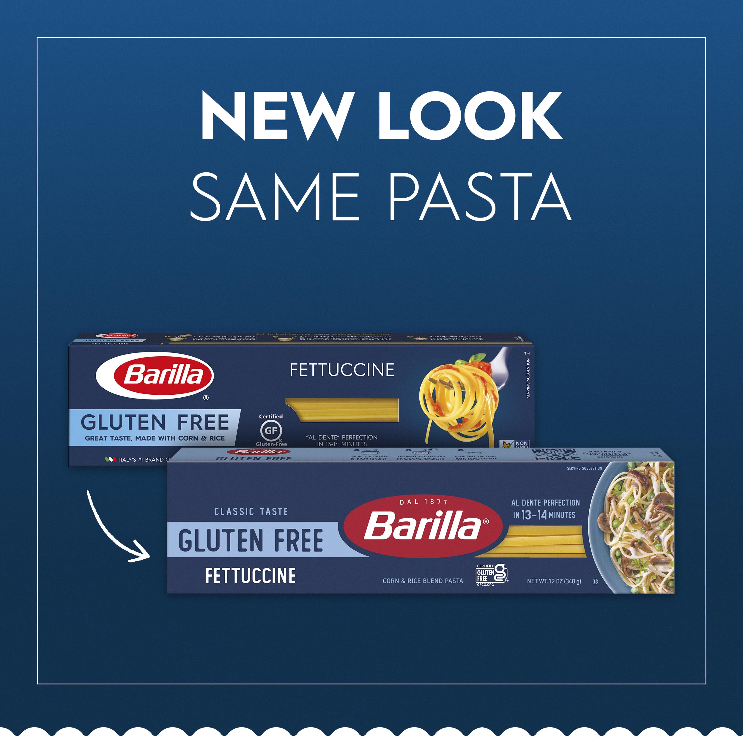 Barilla gluten-free fettucine packaging displayed on shelf for easy shopping