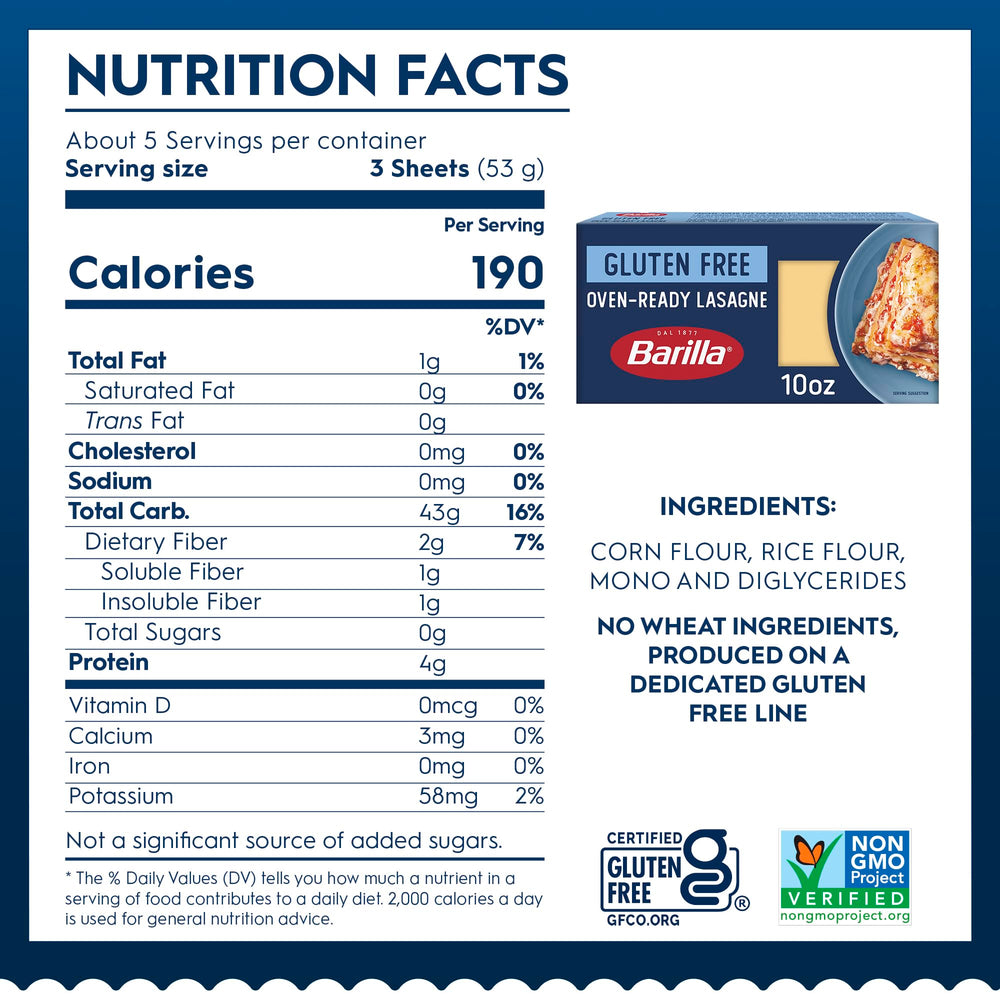 Barilla gluten free lasagne sheets before cooking, ready to layer with sauce and fillings.