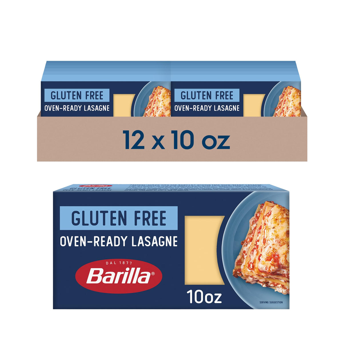 Barilla gluten free oven-ready lasagne pack showing convenient, bake-ready packaging for busy weeknights.