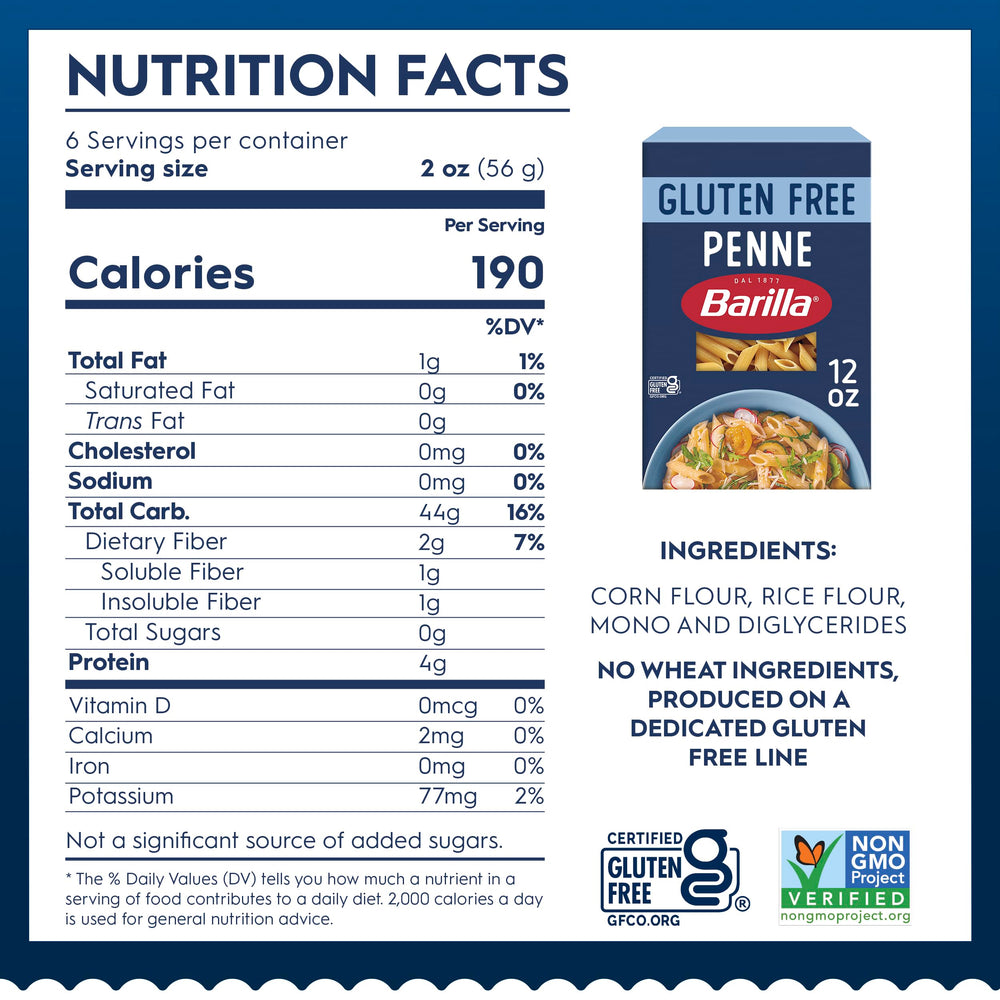 Barilla Gluten Free Penne ingredients: corn and rice for gluten free cooking