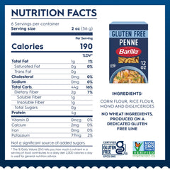 Barilla Gluten Free Penne ingredients: corn and rice for gluten free cooking
