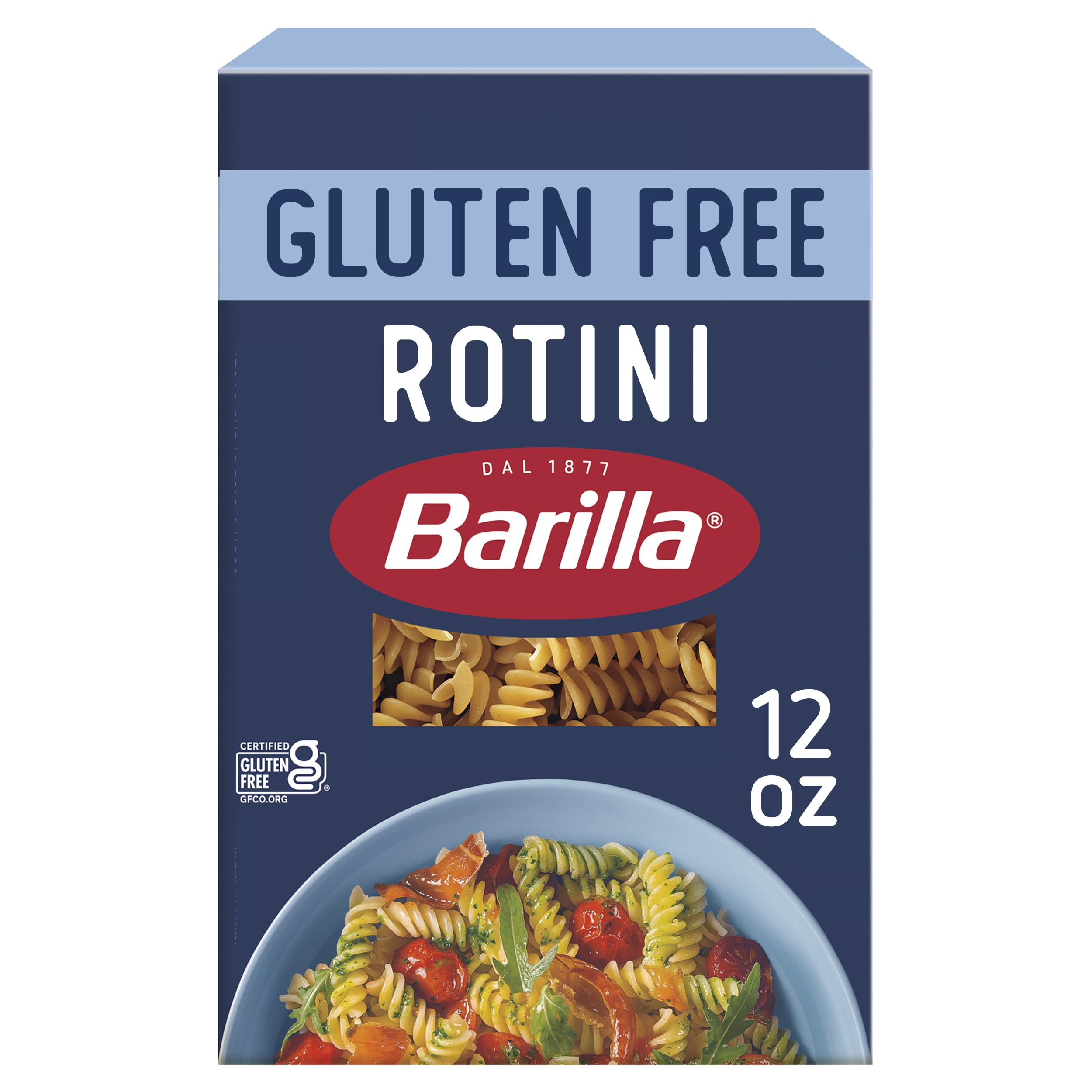 Barilla Gluten Free Rotini box front, prepared with corn and rice blend for gluten free meals