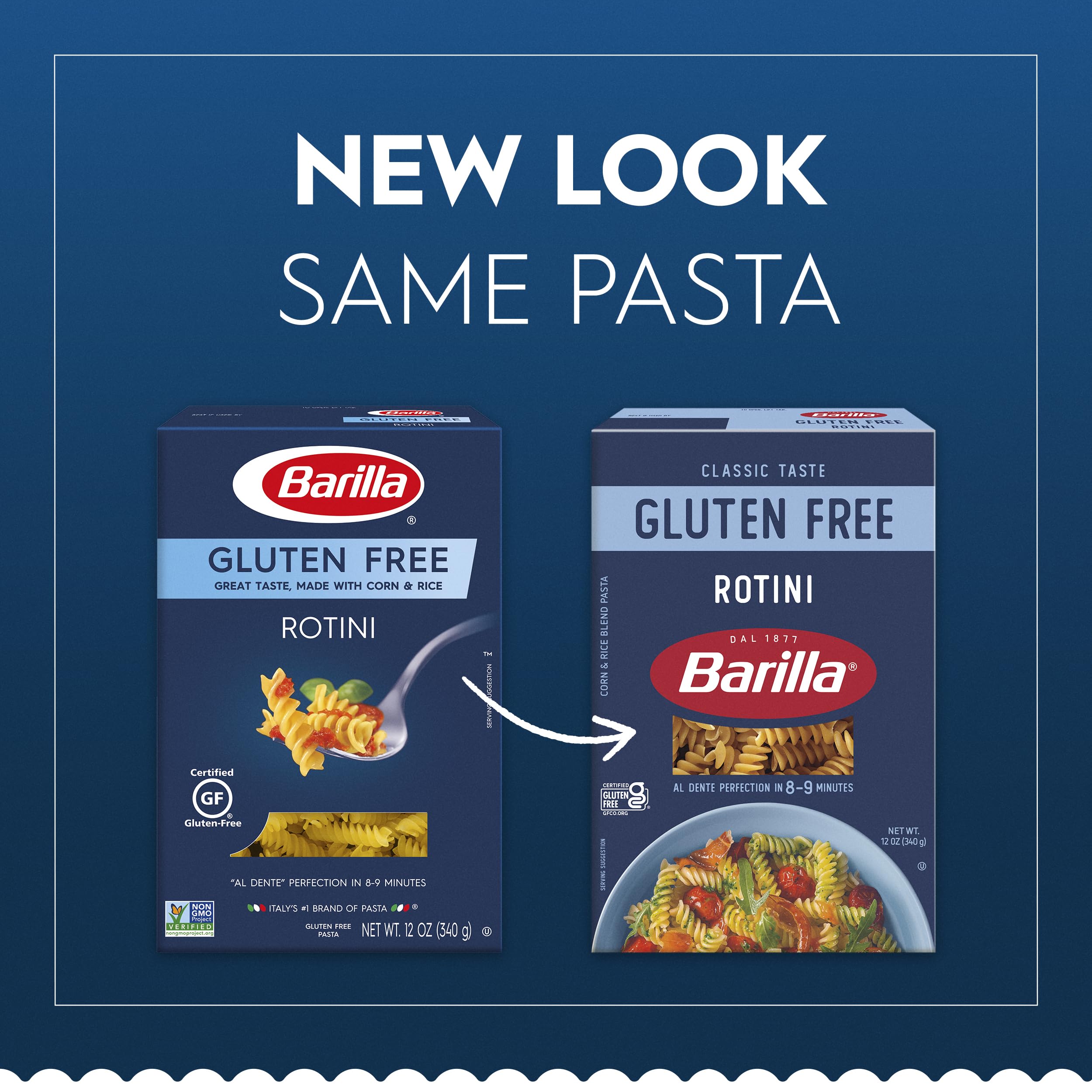 Barilla gluten free rotini plated showing spiral shape and sauce