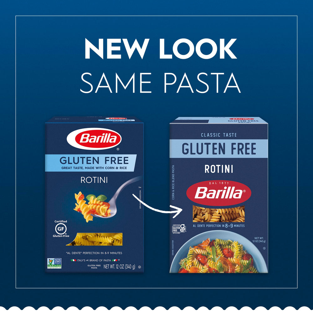 Barilla gluten free rotini plated showing spiral shape and sauce