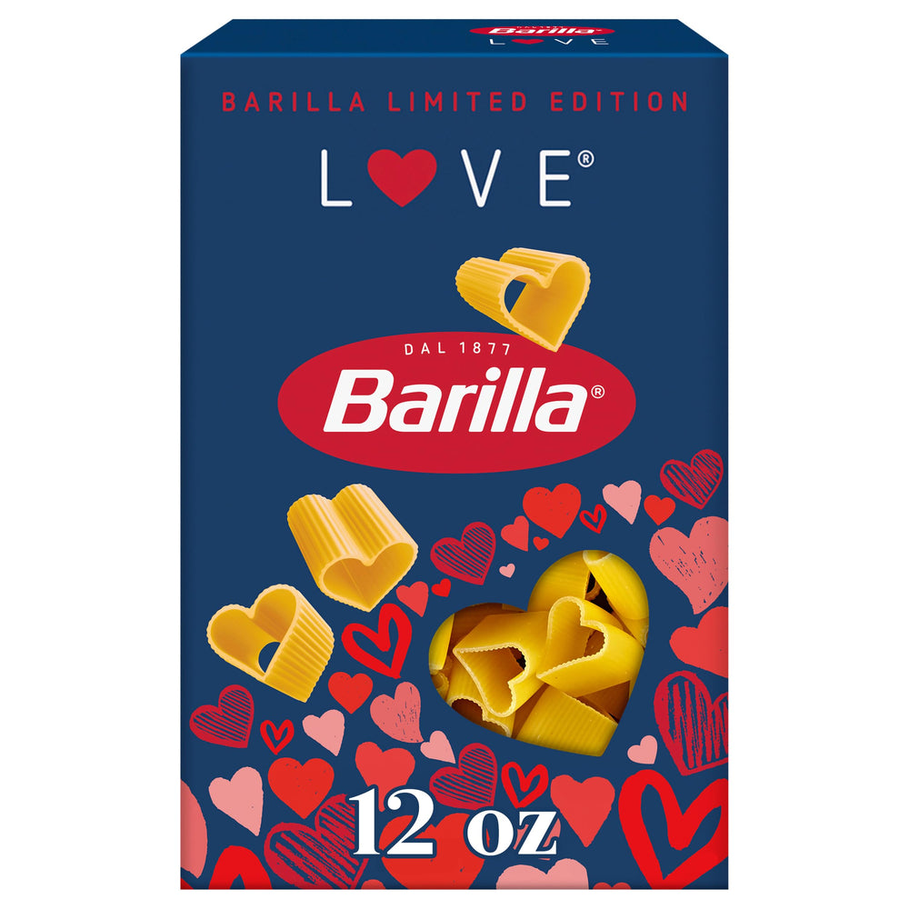 Barilla Love Pasta heart-shaped box front, ideal for gifting and sharing