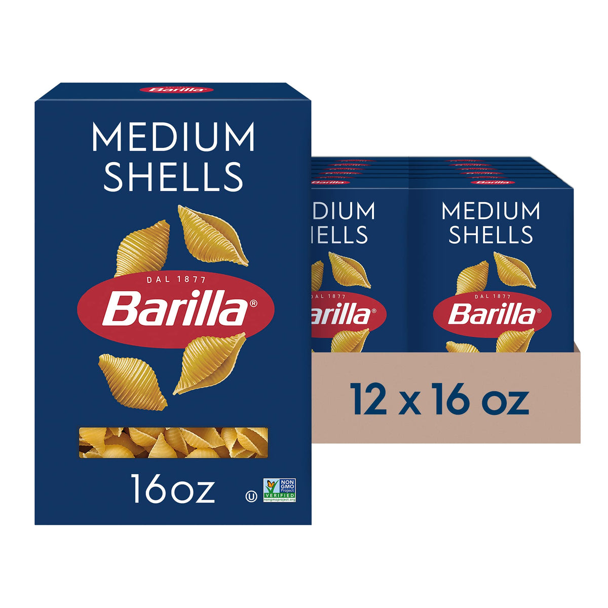 Barilla Medium Shells pasta box 12-pack on shelf, ideal for family dinners