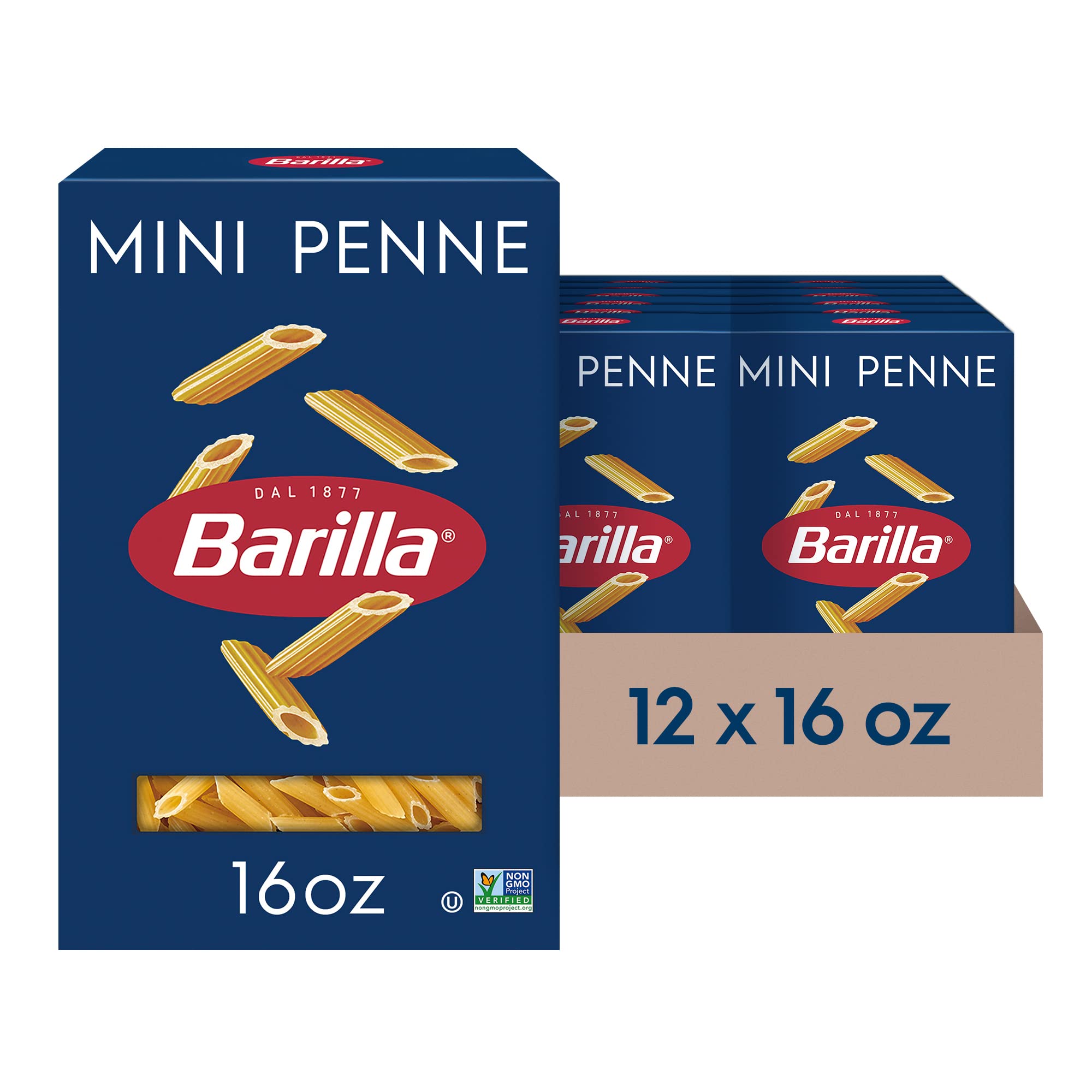 Barilla Mini Penne Pasta box front shows packaging and non-GMO quality